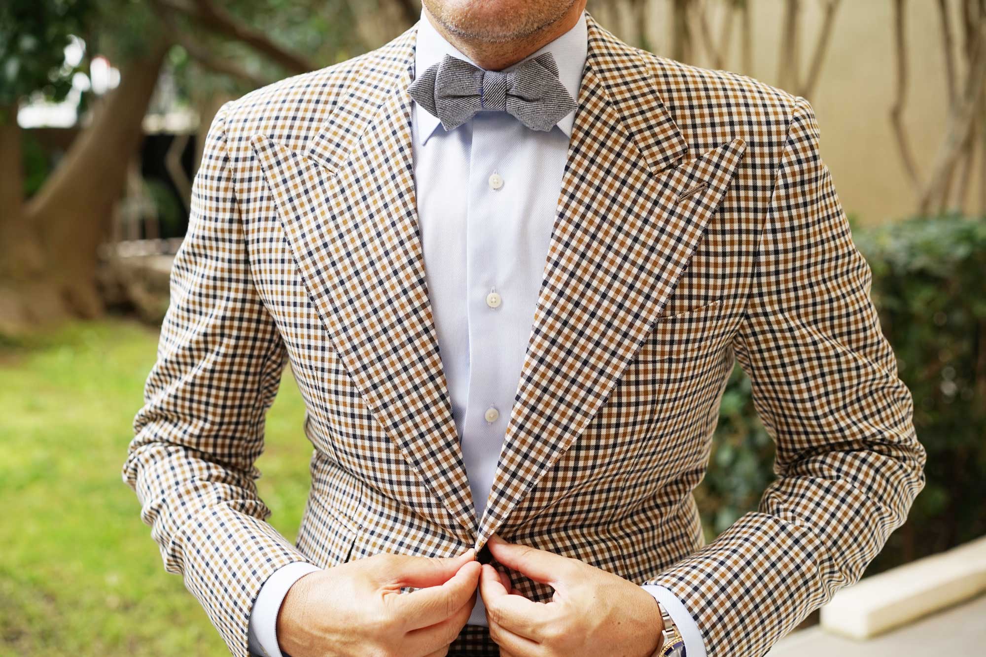 Navy Blue & White Twill Stripe Linen Diamond Bow Tie