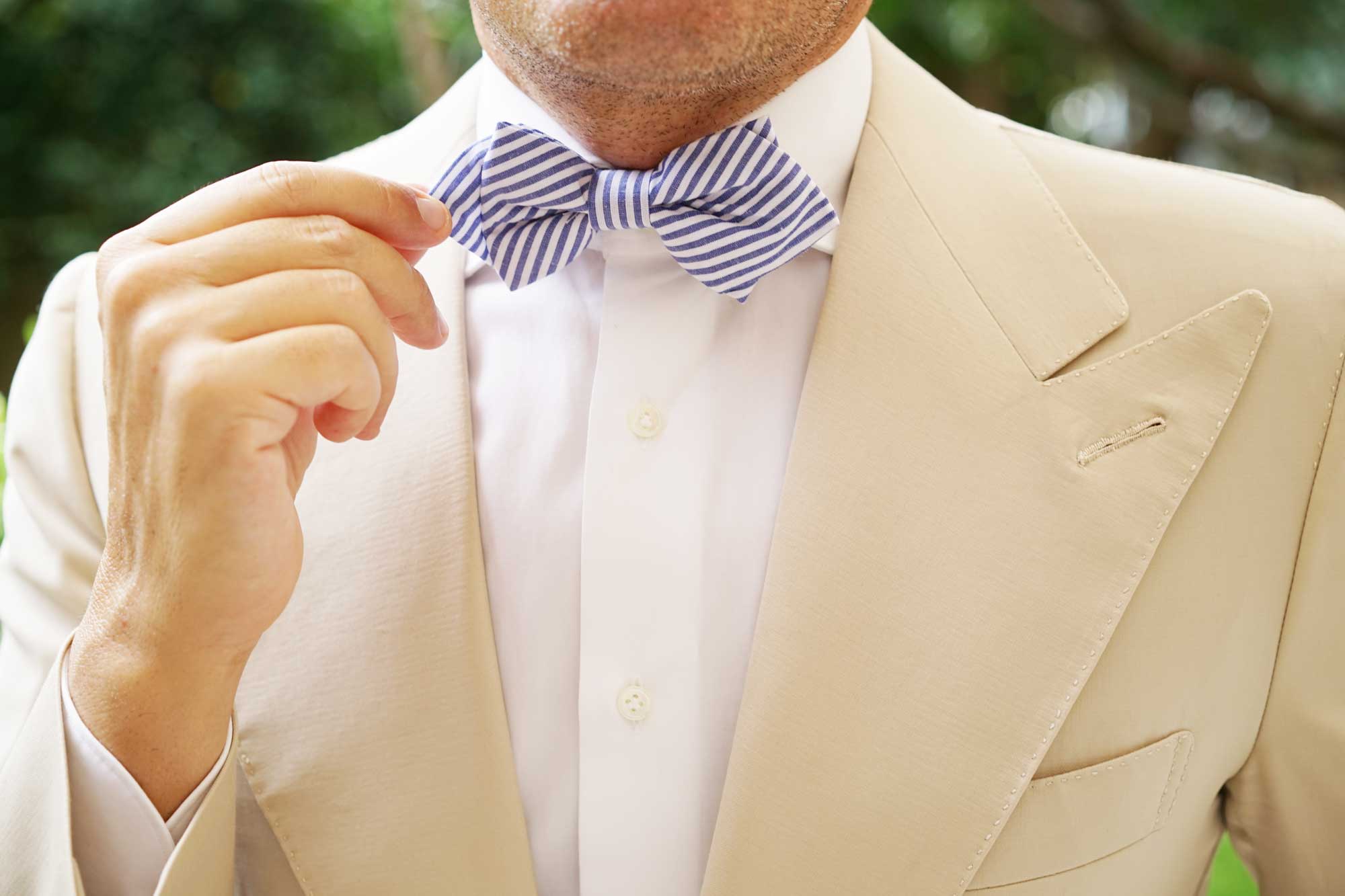 Blue and White Chalk Stripe Cotton Diamond Bow Tie