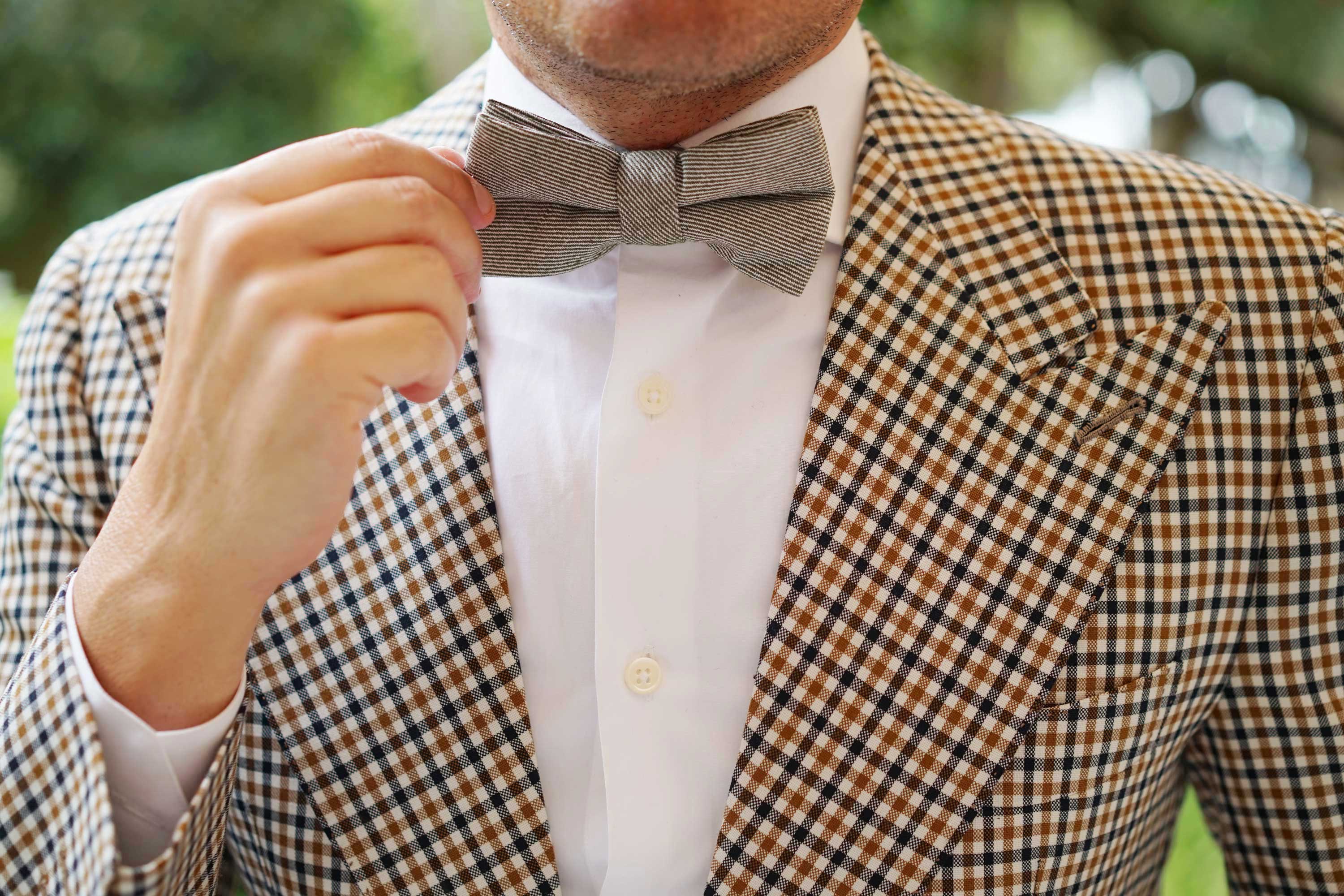 Green & White Twill Stripe Linen Bow Tie