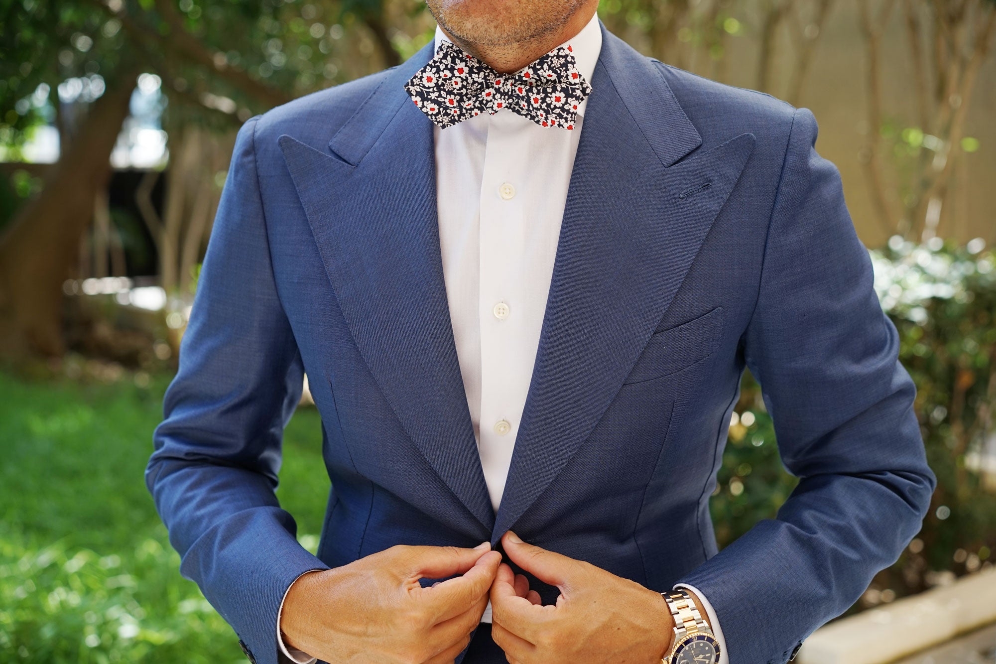 New York Navy Floral Diamond Self Bow Tie