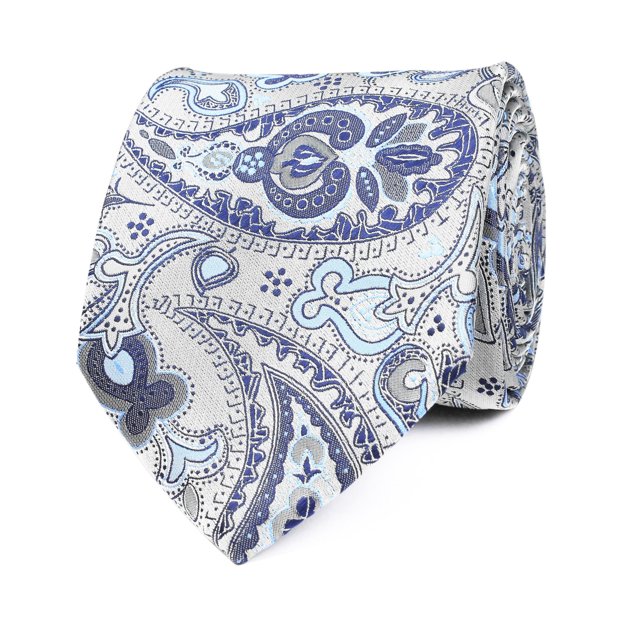 Paisley Silver Tie with Light Blue