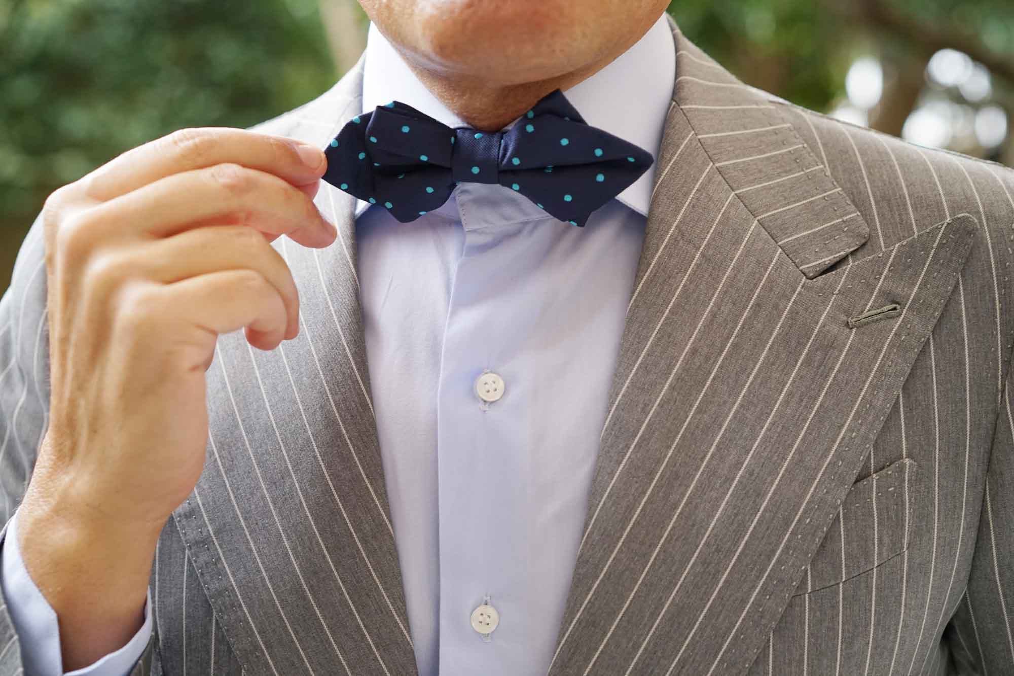 Navy Blue with Mint Blue Polka Dots Diamond Bow Tie