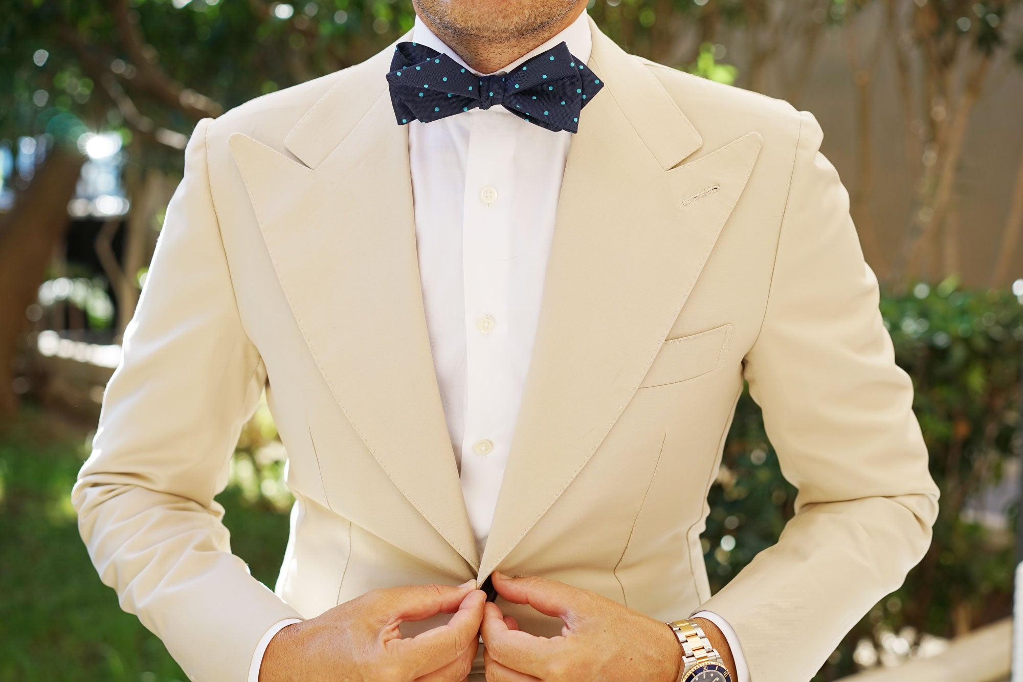 Navy Blue with Mint Blue Polka Dots Self Tie Diamond Tip Bow Tie