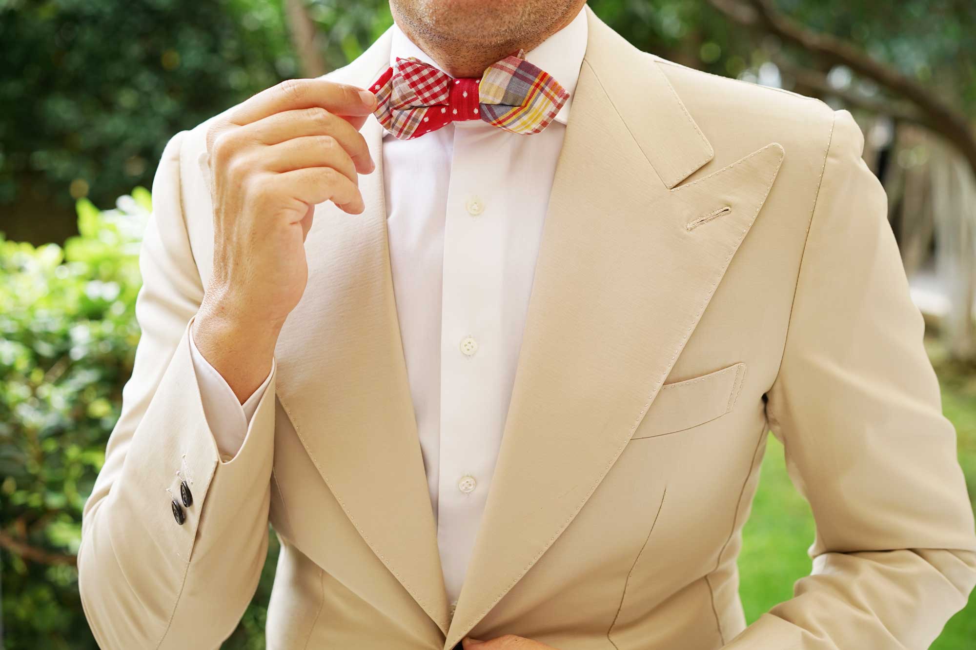 Plaid Red Gingham Cotton Polka Dot Diamond Bow Tie