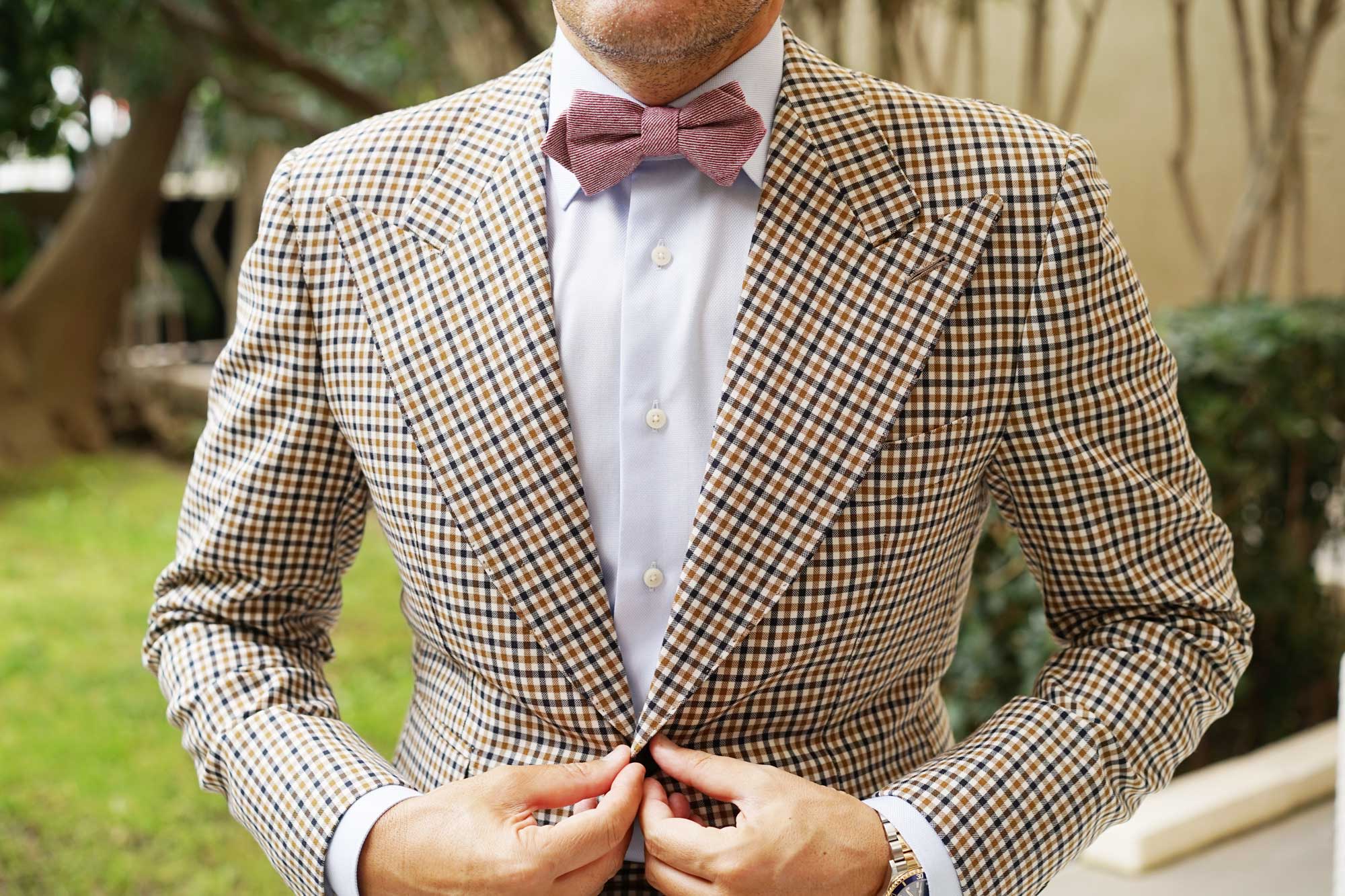 Maroon & White Twill Stripe Linen Diamond Bow Tie