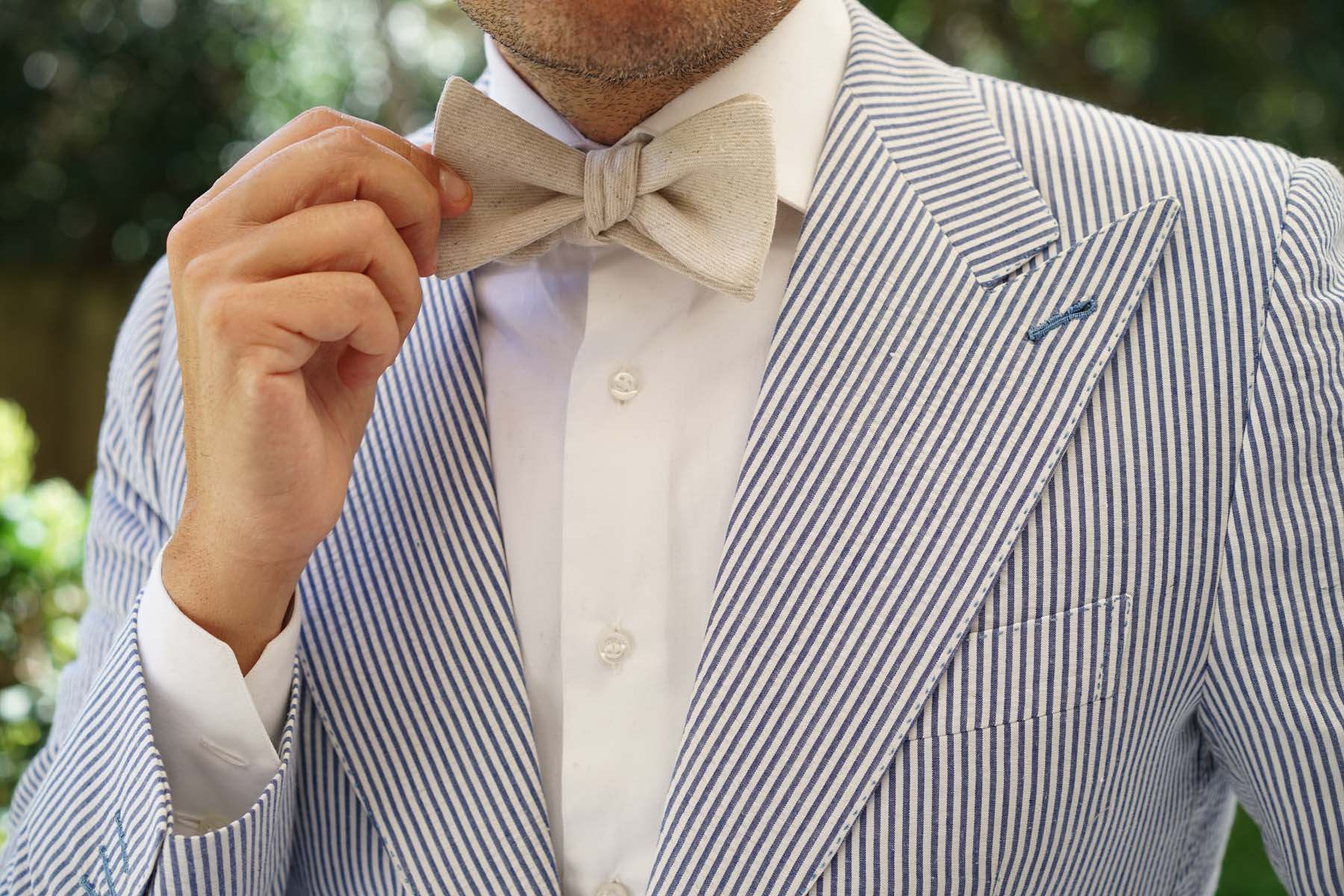 Khaki Twill Stripe Linen Self Tie Bow Tie