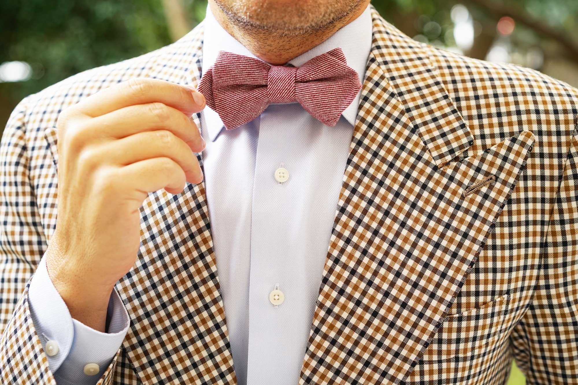 Maroon & White Twill Stripe Linen Diamond Bow Tie