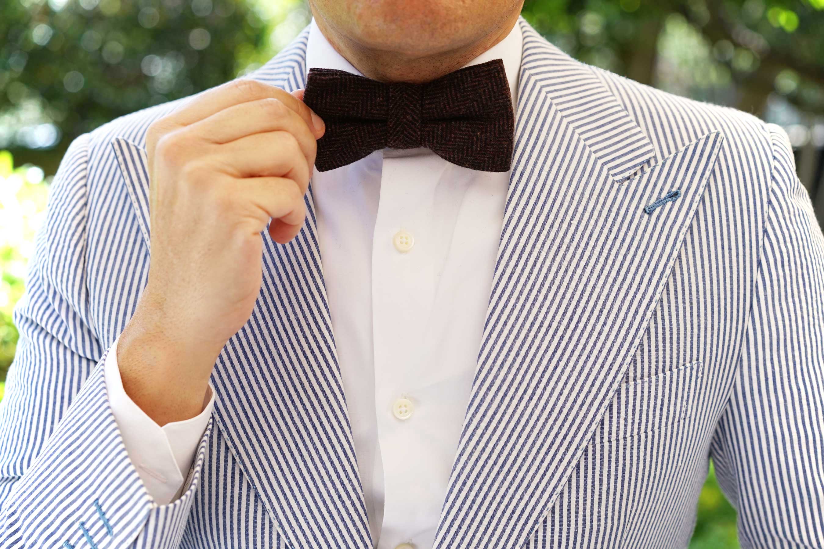 Coffee Herringbone Coarse Wool Bow Tie