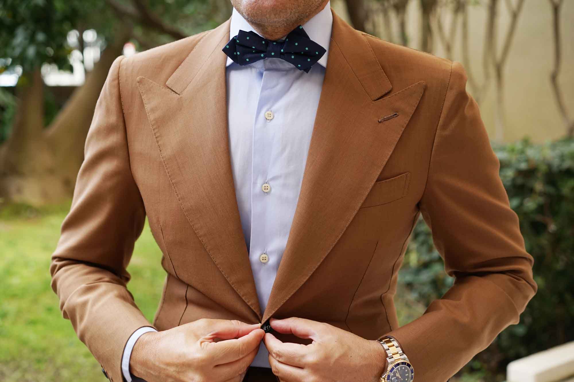 Navy Blue with Mint Green Polka Dots Diamond Bow Tie