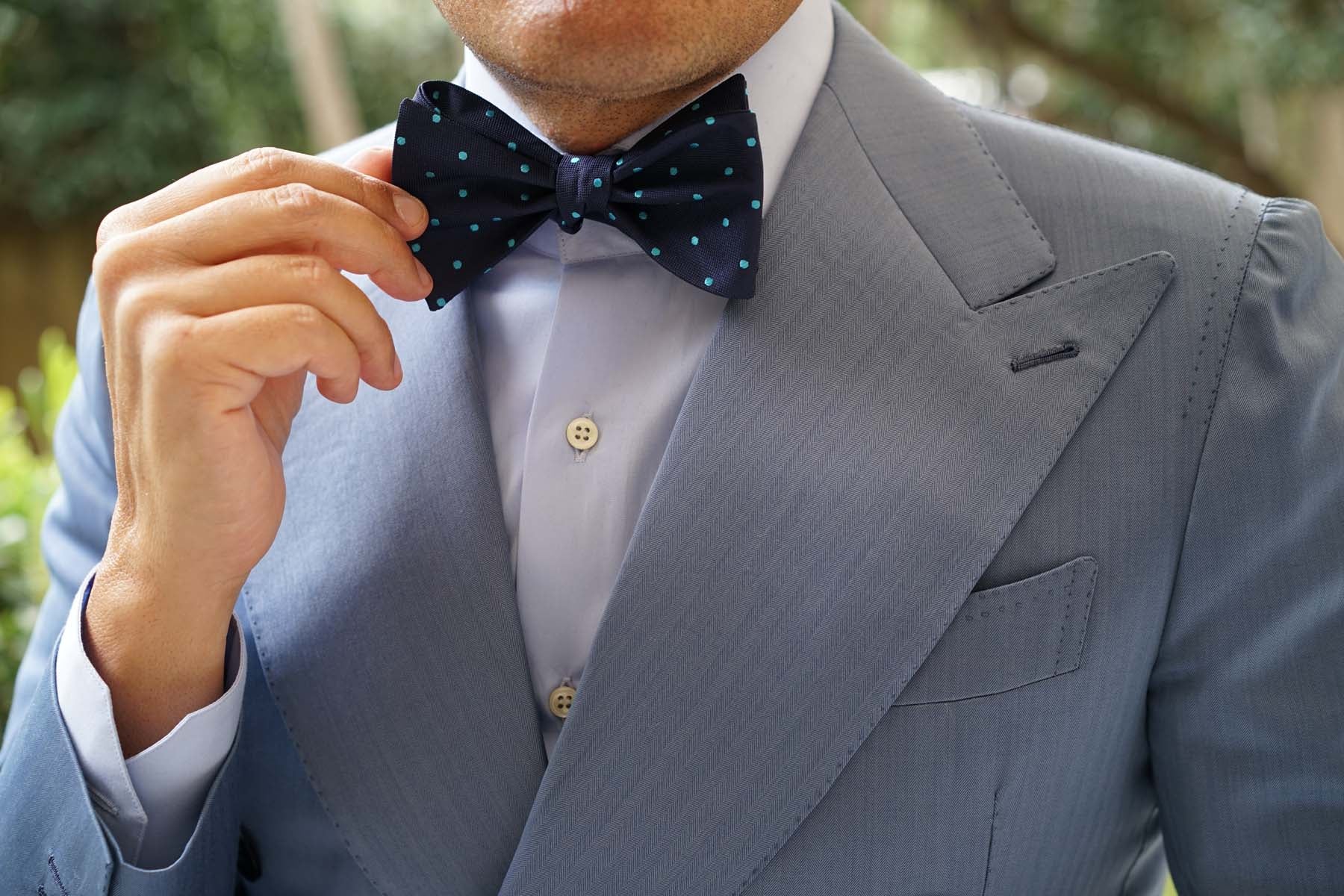 Navy Blue with Mint Blue Polka Dots Self Tie Bow Tie