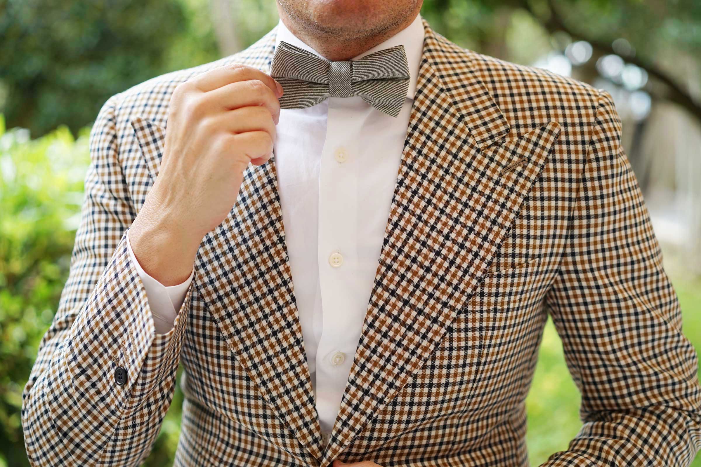 Green & White Twill Stripe Linen Bow Tie