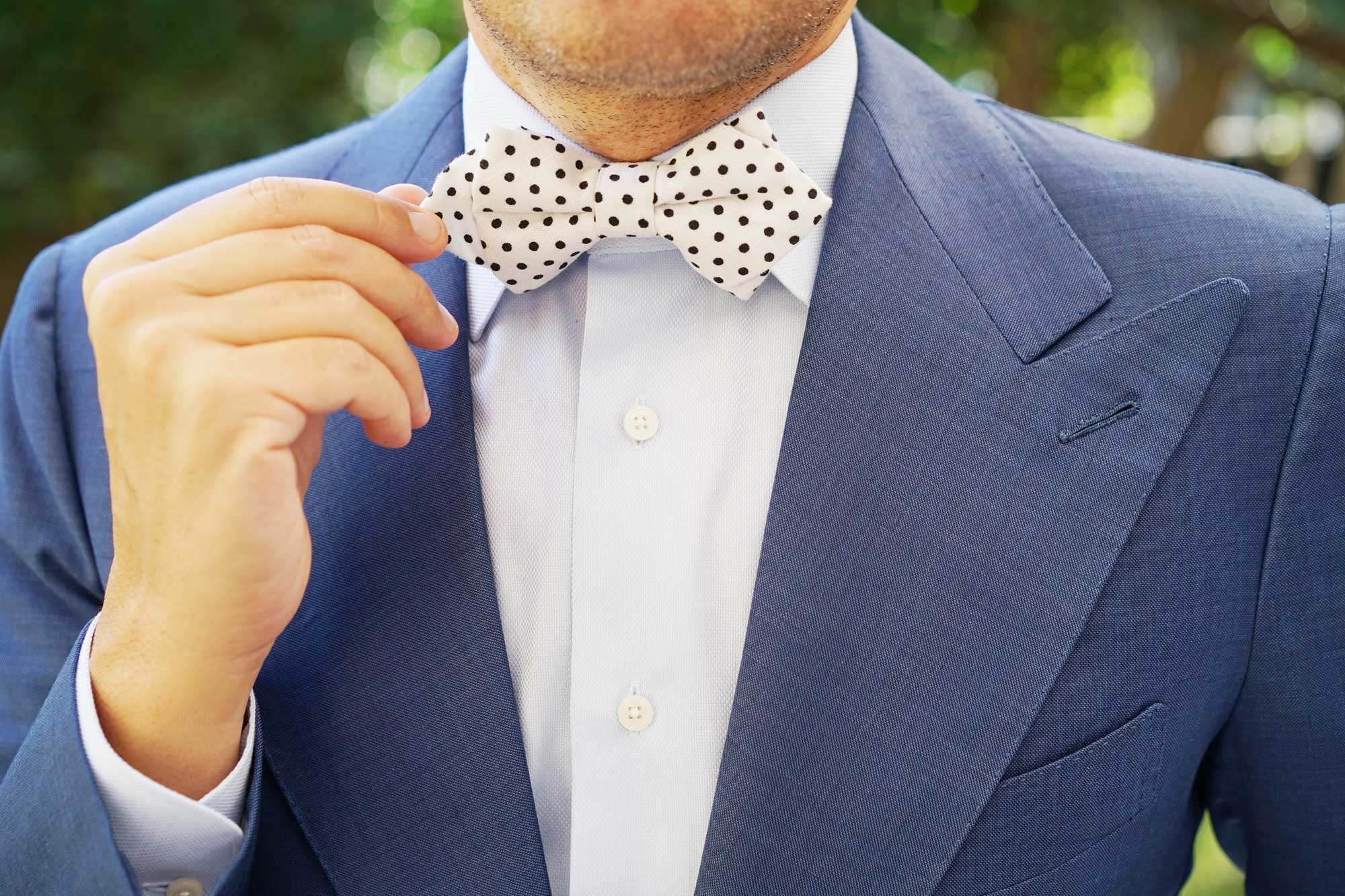 White with Black Polkadot Cotton Diamond Bow Tie