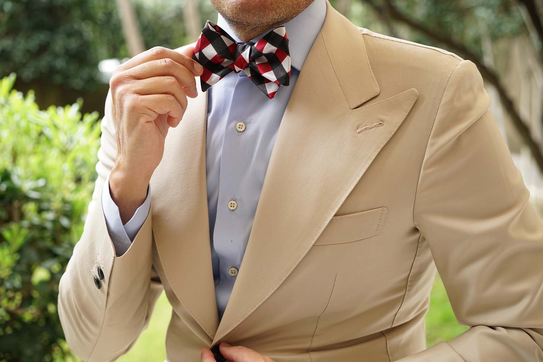 White Black Maroon Checkered Bow Tie Untied