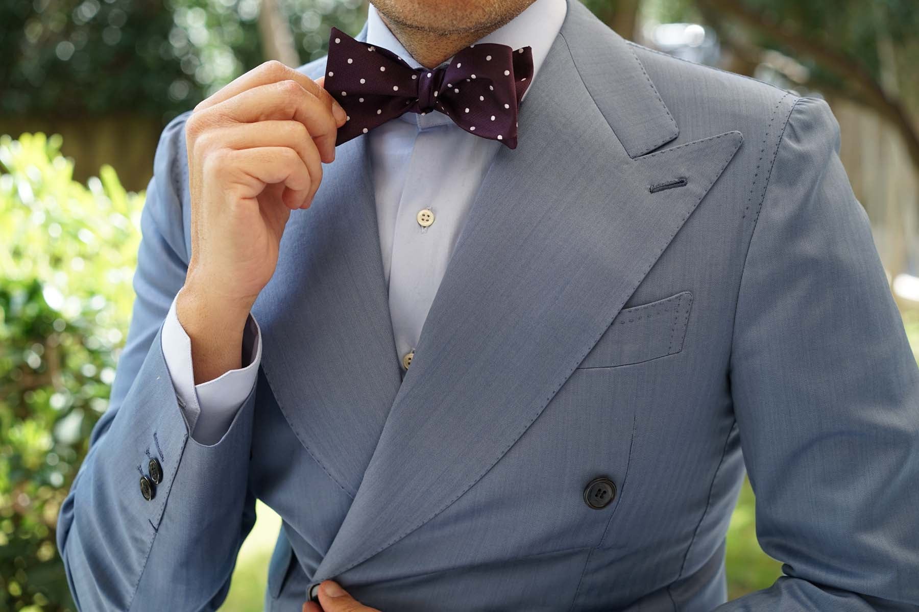 Eggplant Plum Purple with White Polka Dots Self Tie Bow Tie