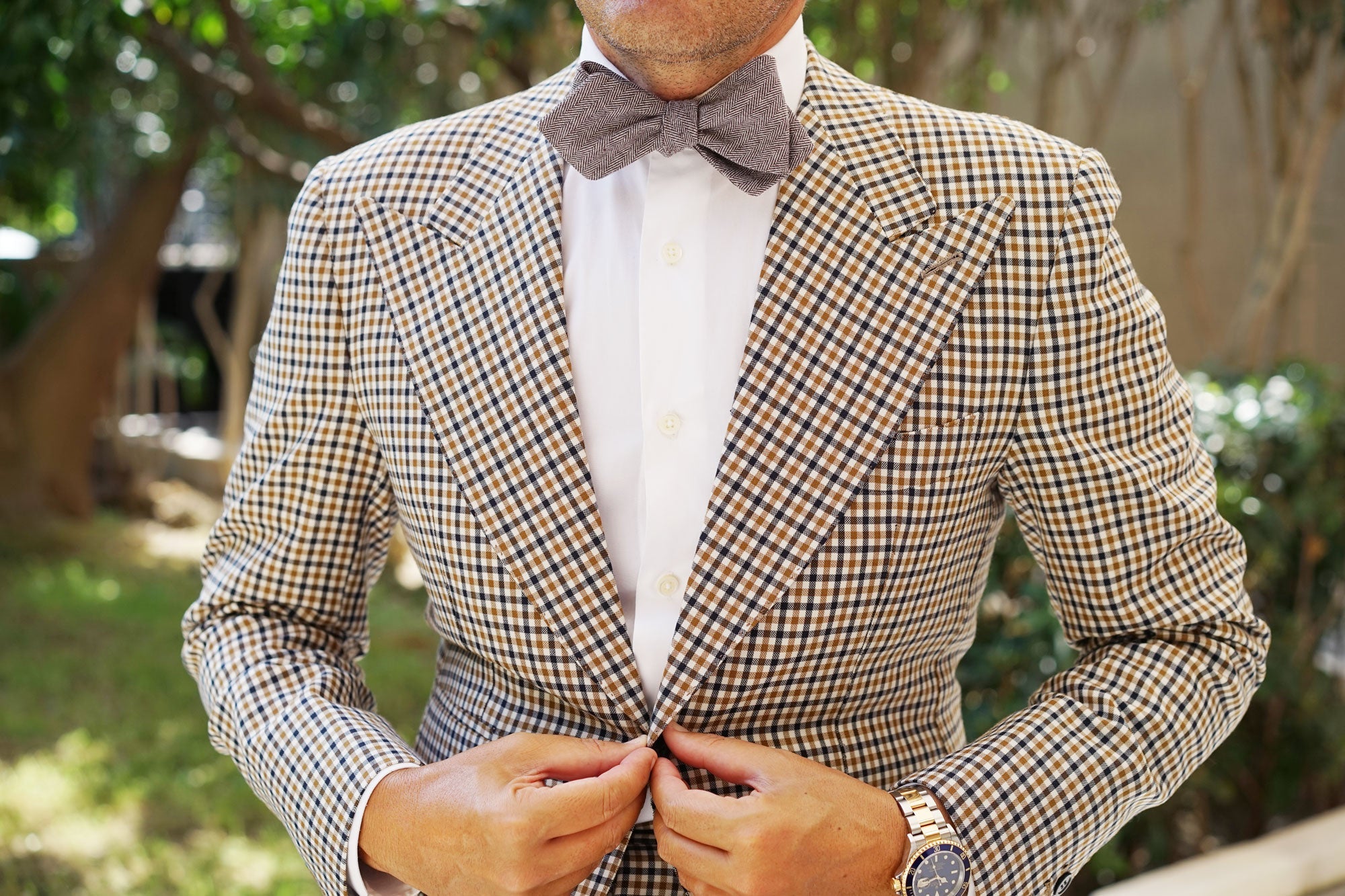 Brown Herringbone Linen Self Tie Diamond Tip Bow Tie