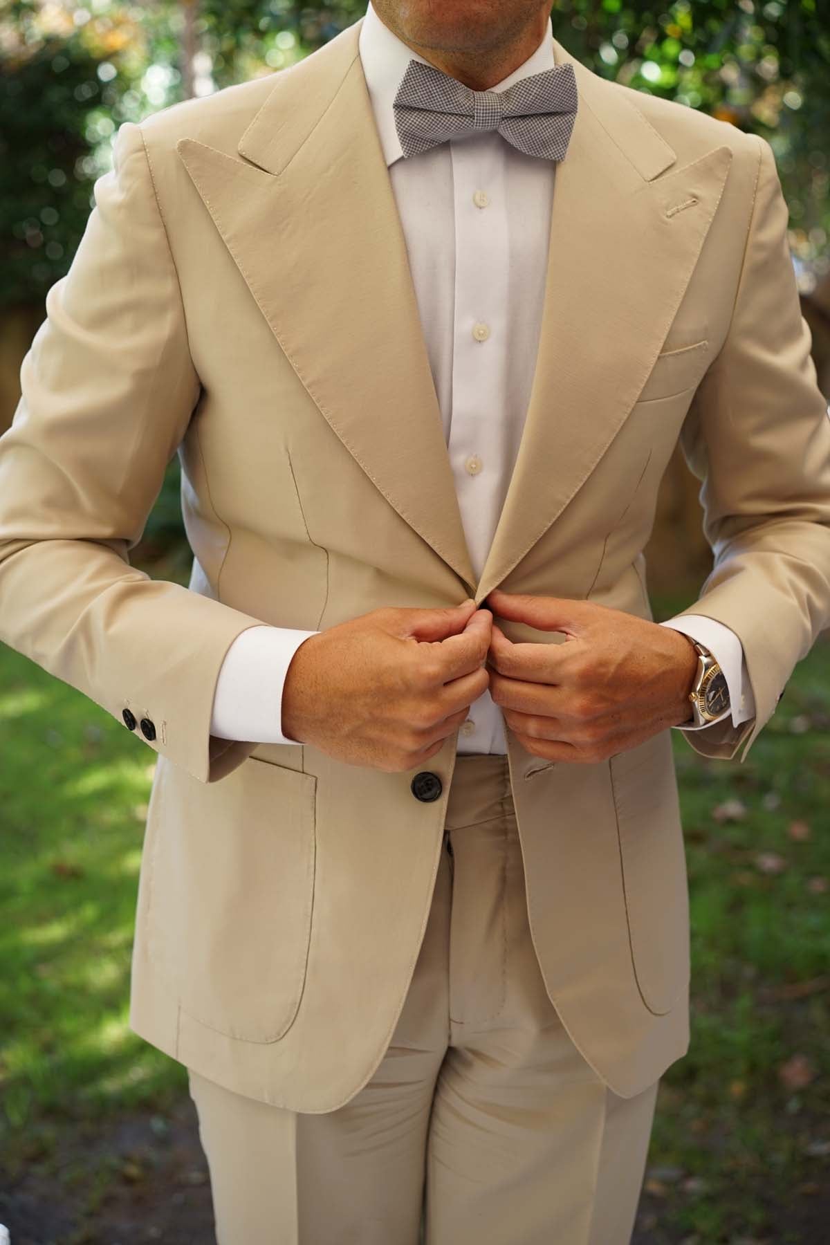 Light Grey Houndstooth Linen Bow Tie