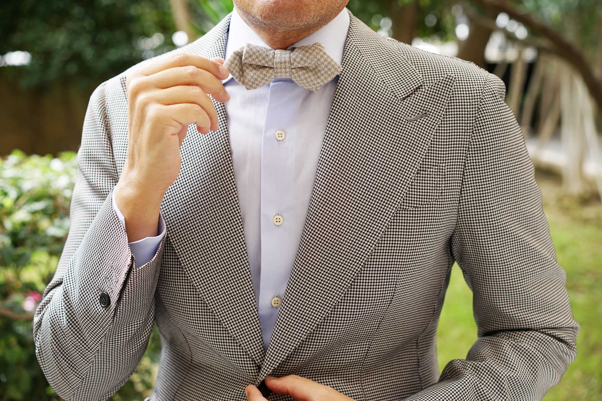 Gray Houndstooth Khaki Linen Diamond Bow Tie