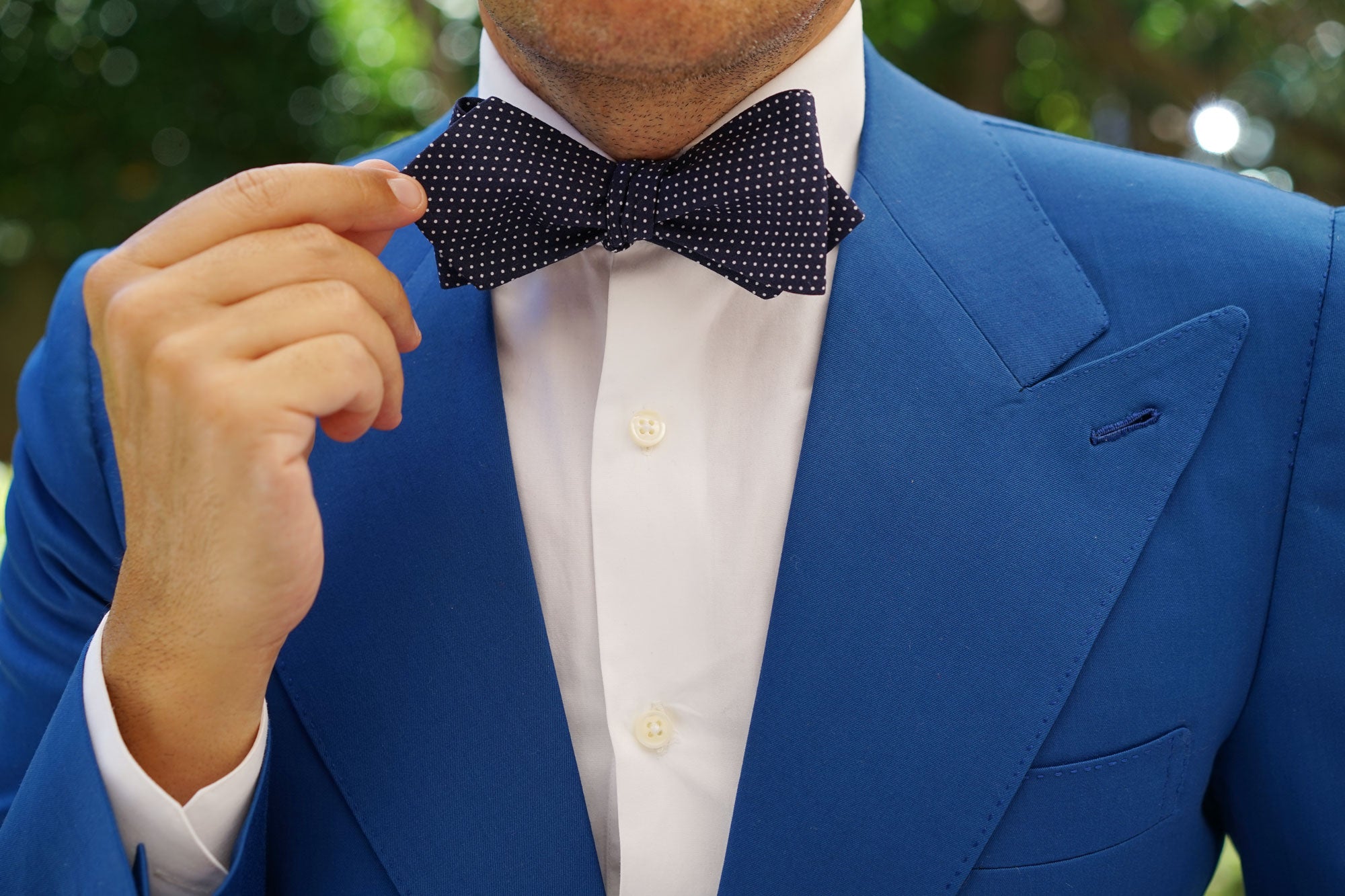 Navy Blue Cotton with White Mini Polka Dots Self Tie Diamond Tip Bow Tie