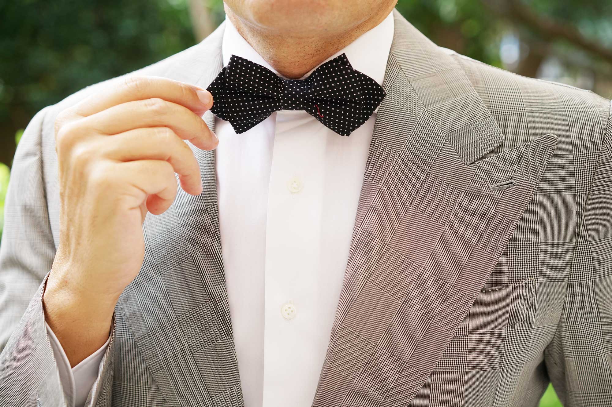 Black Cotton with White Mini Polka Dots Diamond Bow Tie