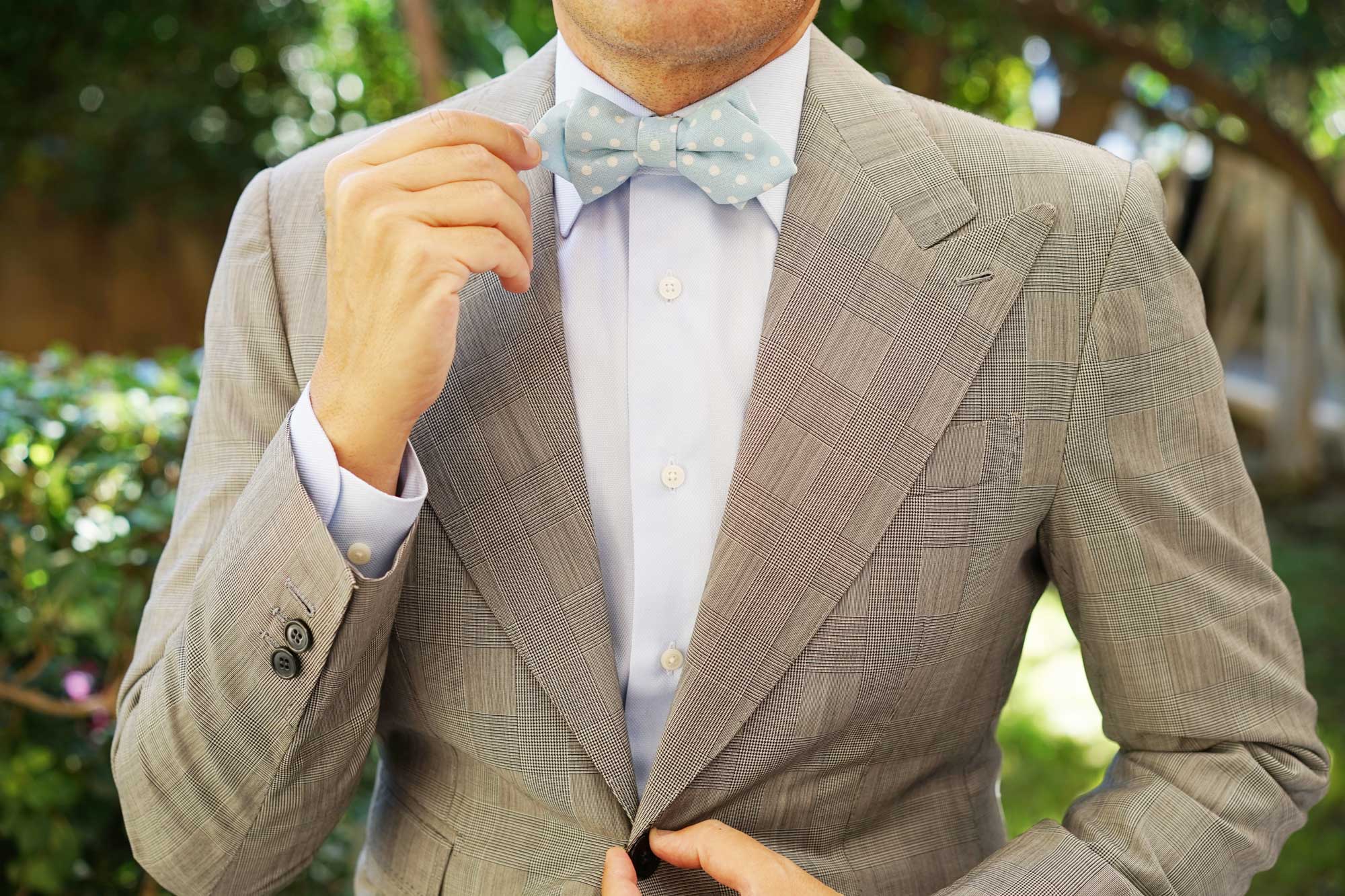 Light Blue Linen Polka Dot Diamond Bow Tie