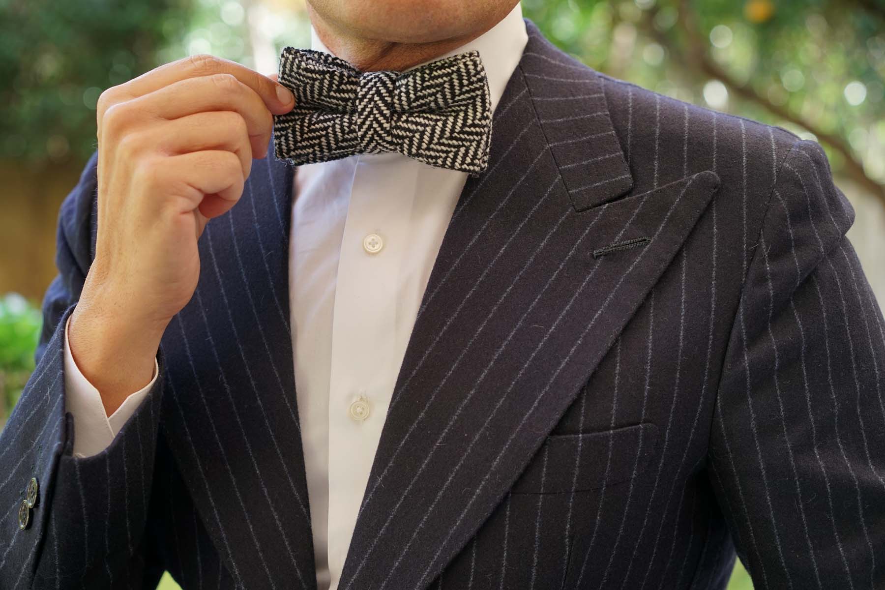 Black Chevron Wool Bow Tie