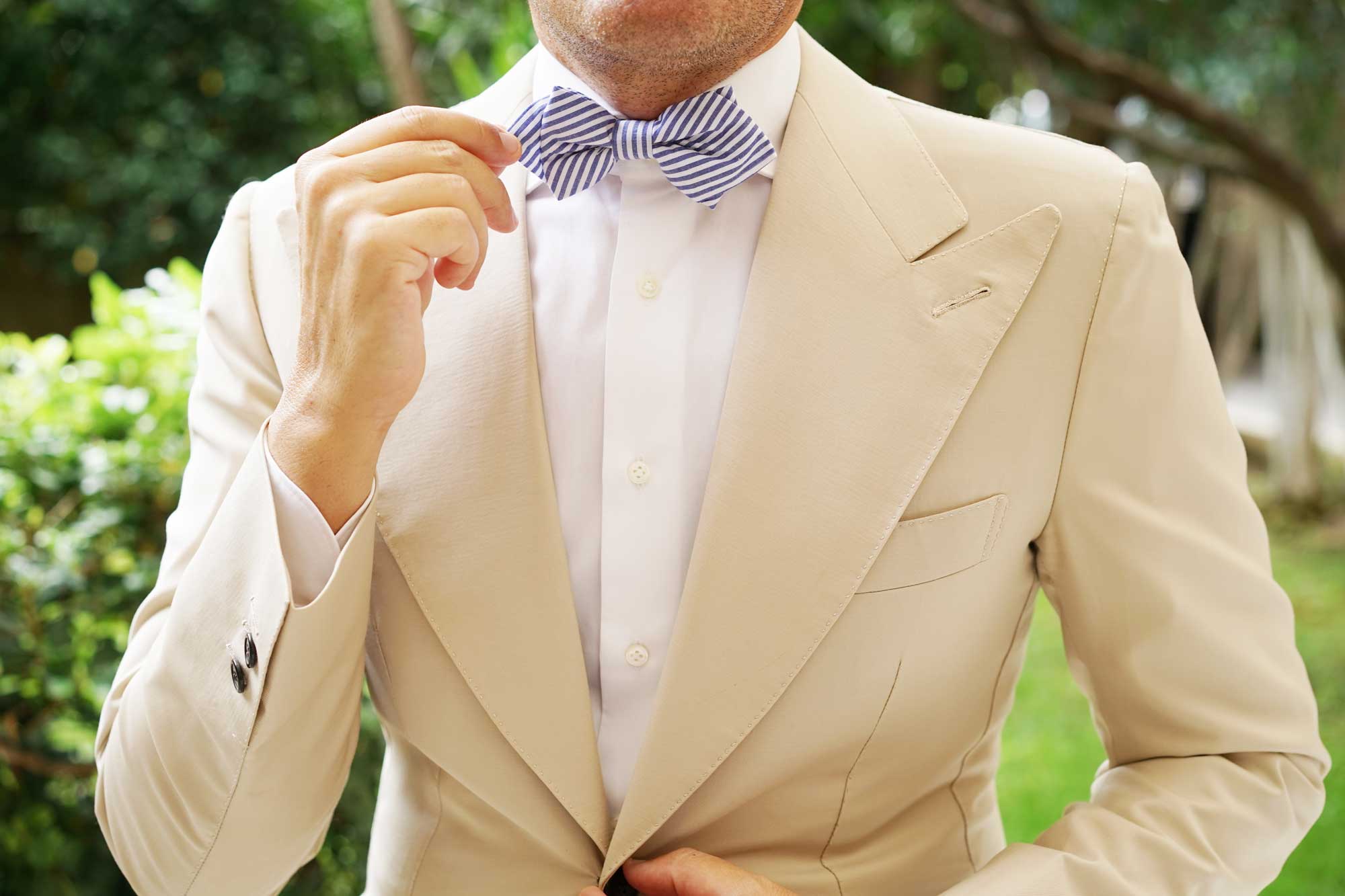 Blue and White Chalk Stripe Cotton Diamond Bow Tie