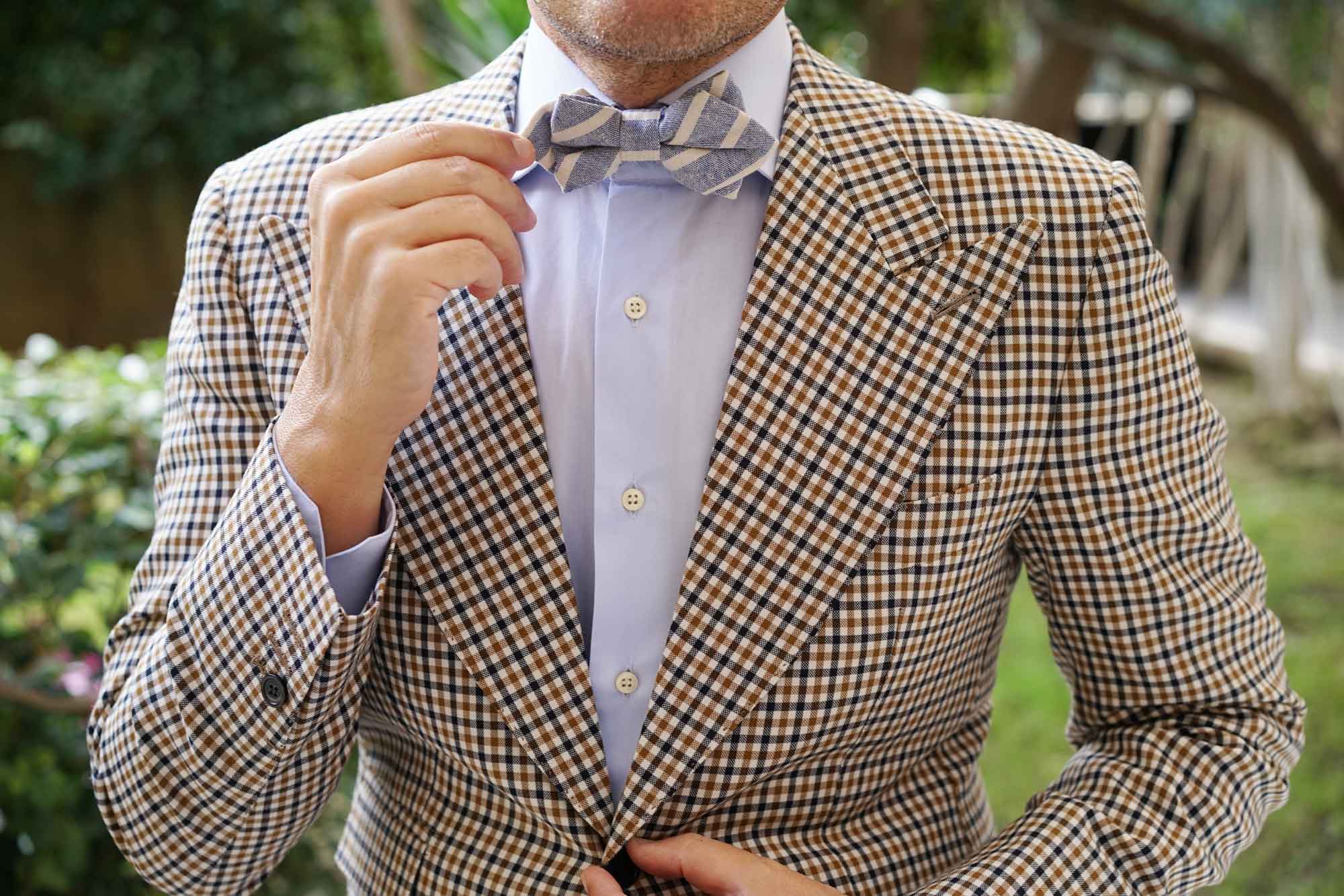 Blue Bodrum Linen Chalk Stripe Diamond Bow Tie