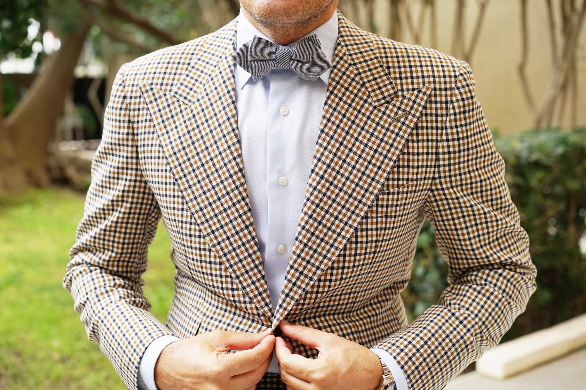 Navy Blue & White Twill Stripe Linen Diamond Bow Tie