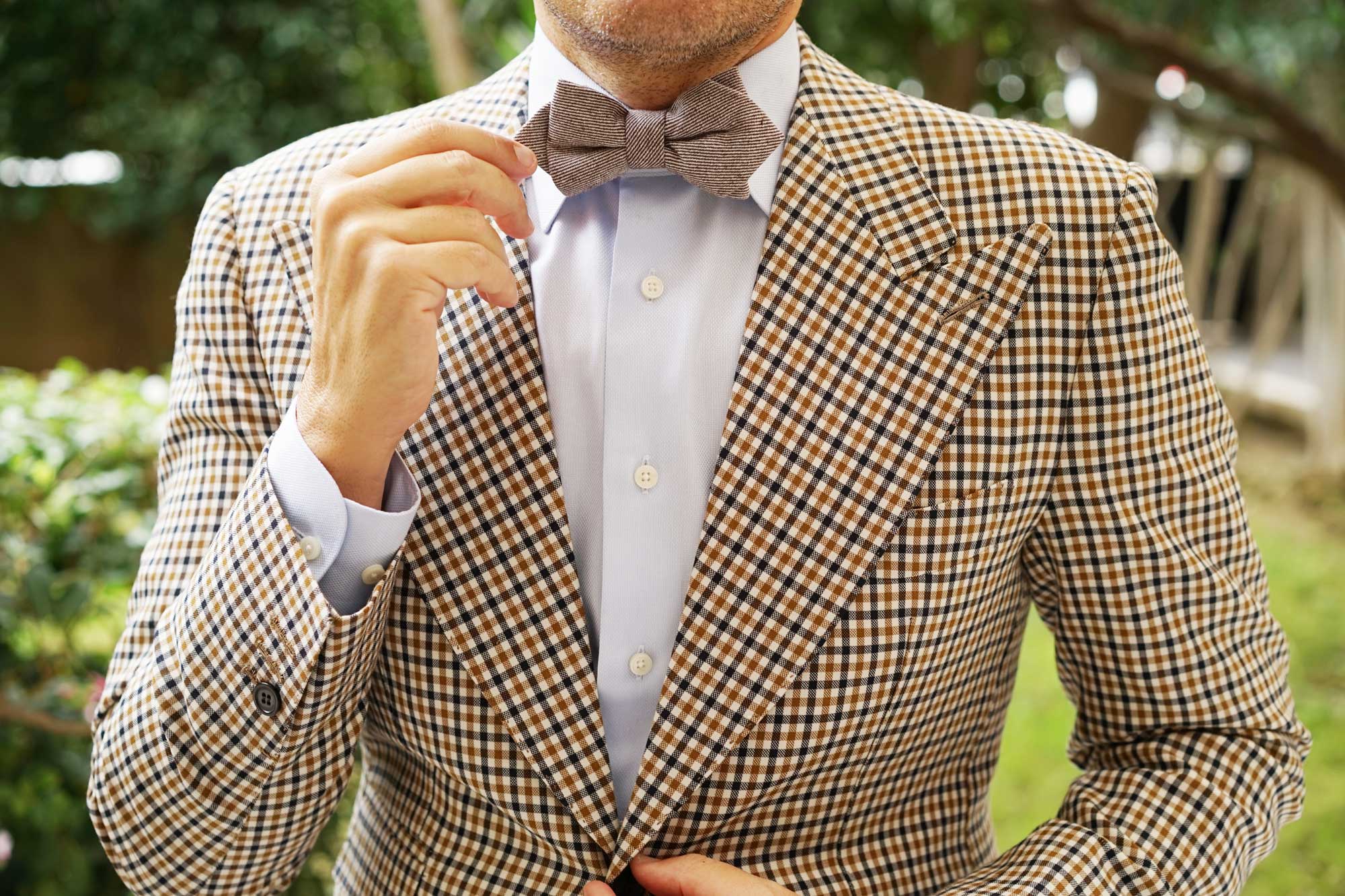 Brown & White Twill Stripe Linen Diamond Bow Tie