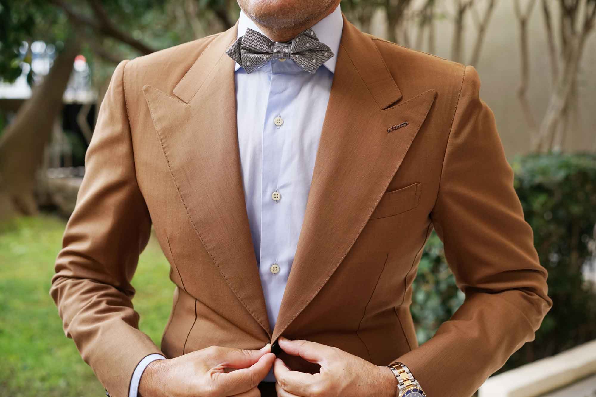 Grey with Milky White Polka Dots Diamond Bow Tie