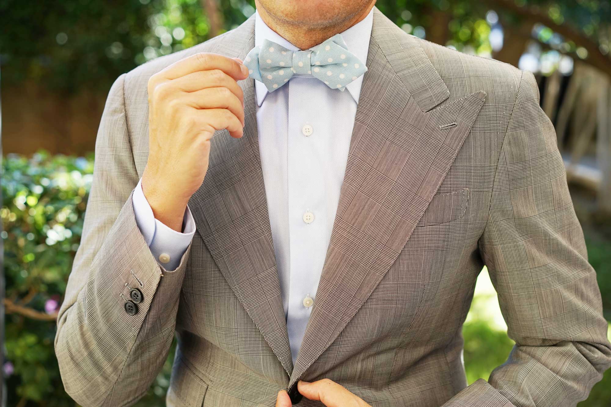 Light Blue Linen Polka Dot Diamond Bow Tie