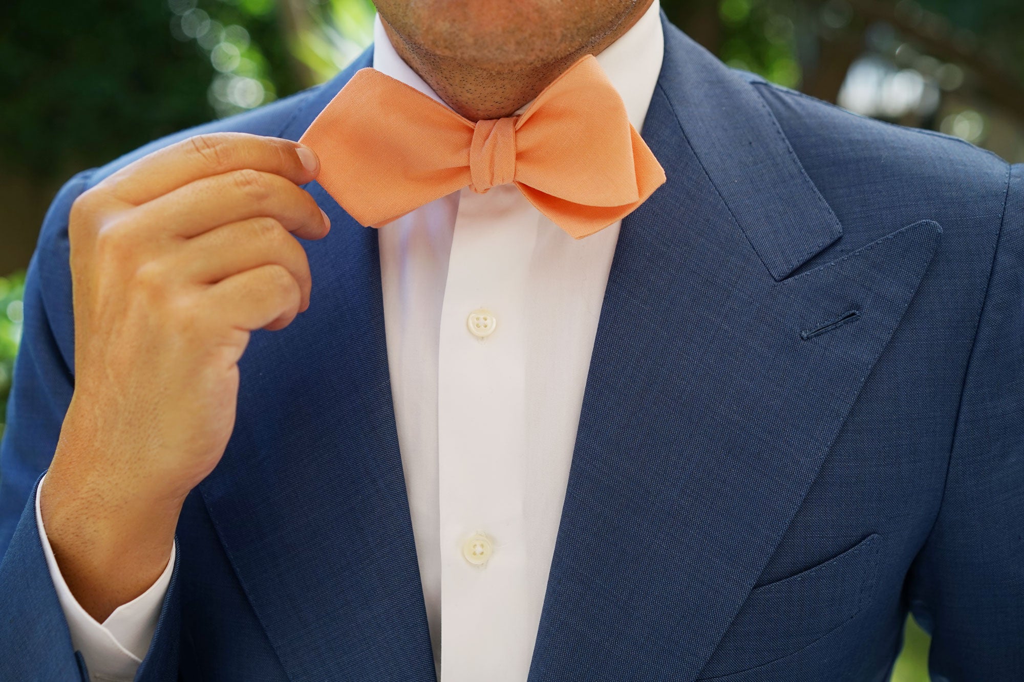 Coral Pink Linen Self Tie Diamond Tip Bow Tie