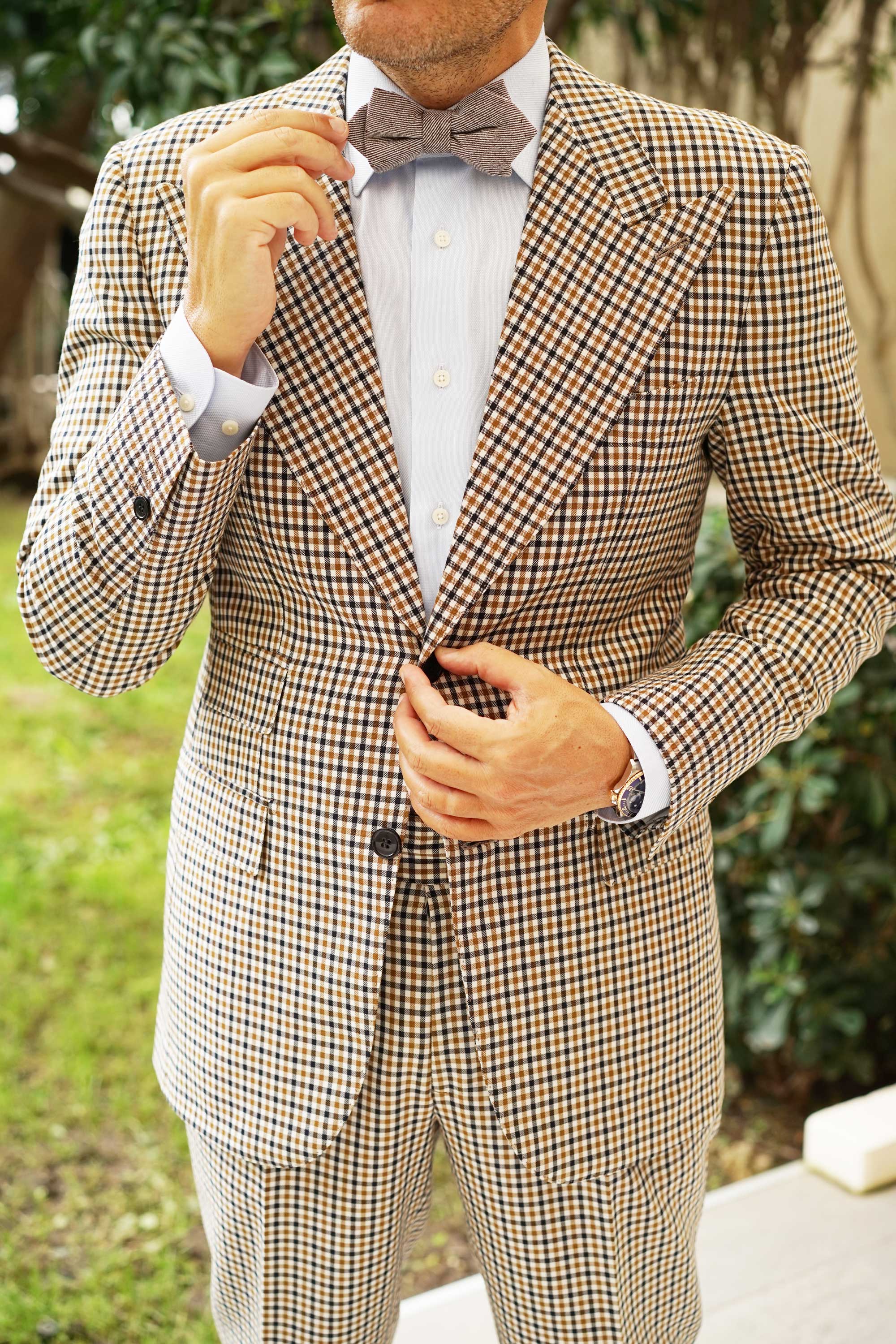 Brown & White Twill Stripe Linen Diamond Bow Tie