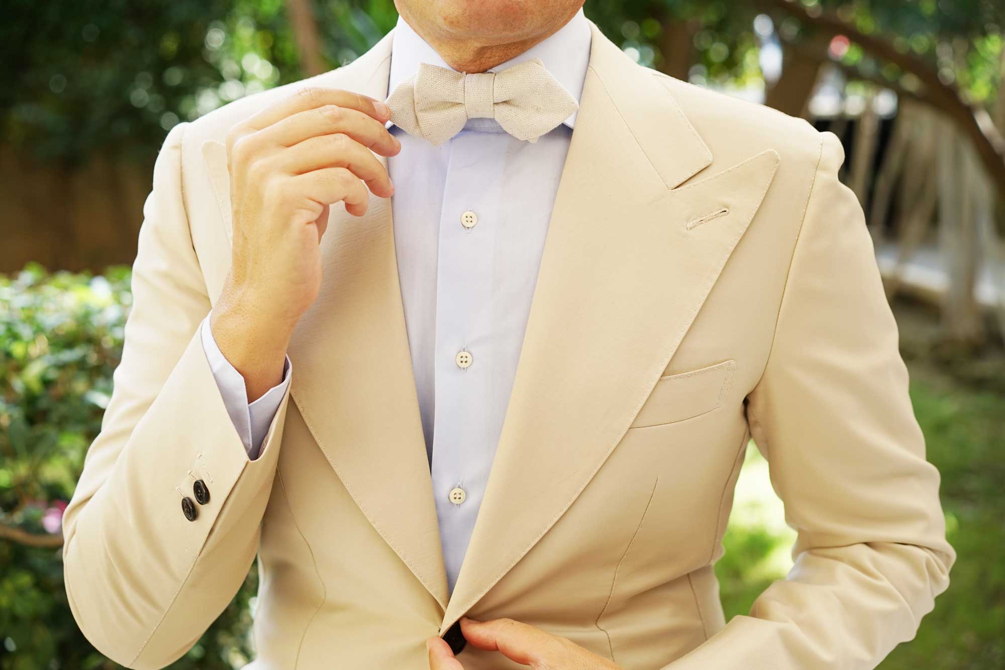 Dry Khaki White Linen Diamond Bow Tie