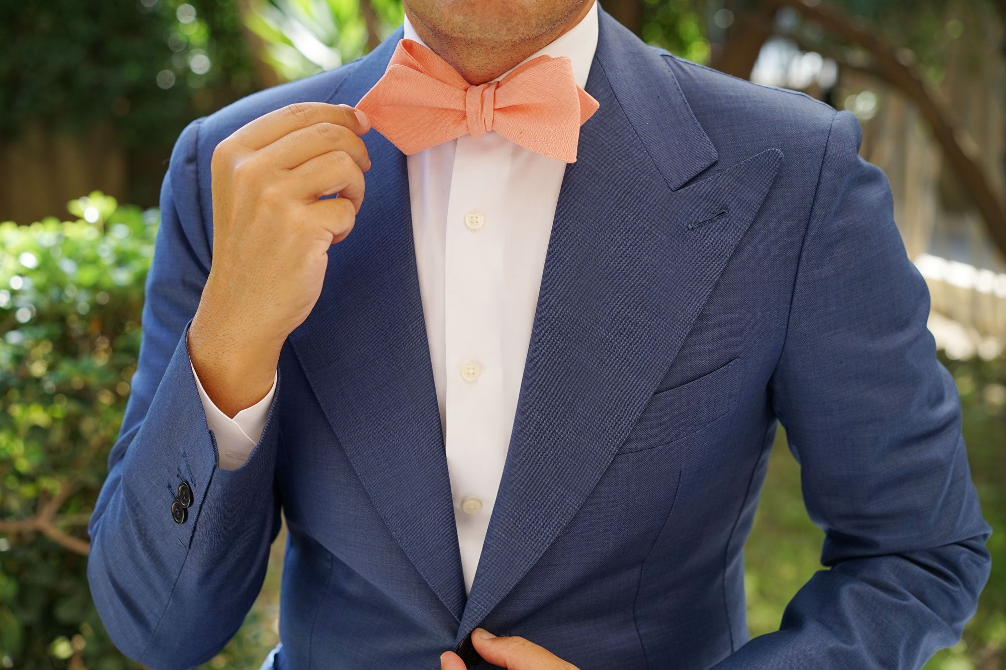 Apricot Peach Slub Linen Self Tie Diamond Tip Bow Tie