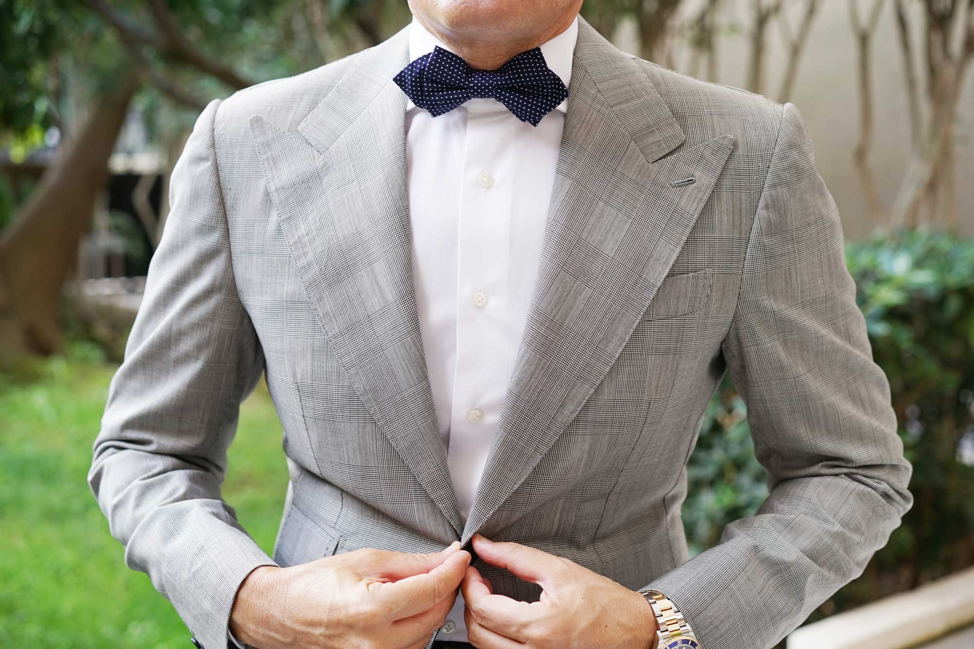 Navy Blue Cotton with White Mini Polka Dots Diamond Bow Tie