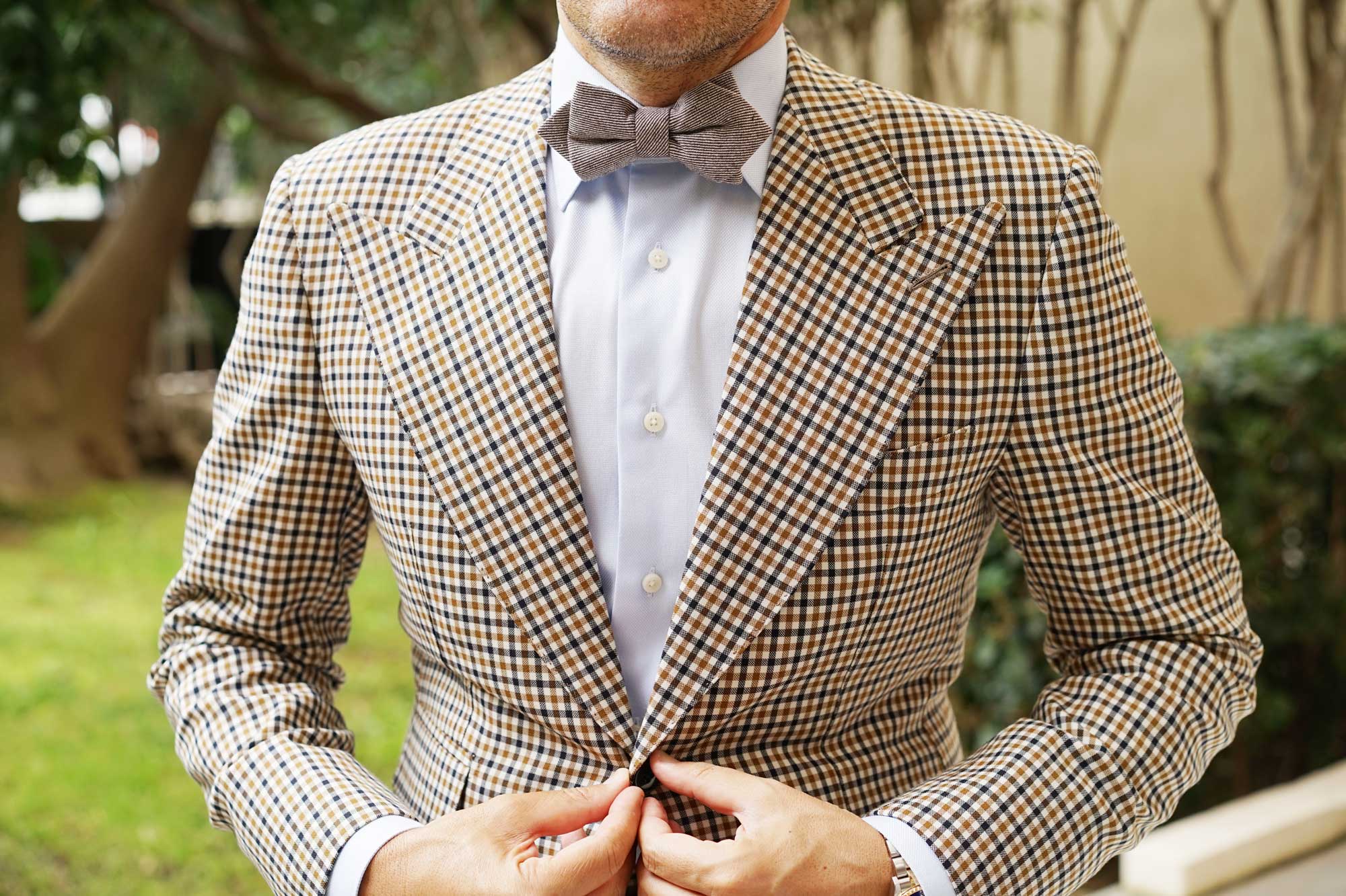 Brown & White Twill Stripe Linen Diamond Bow Tie