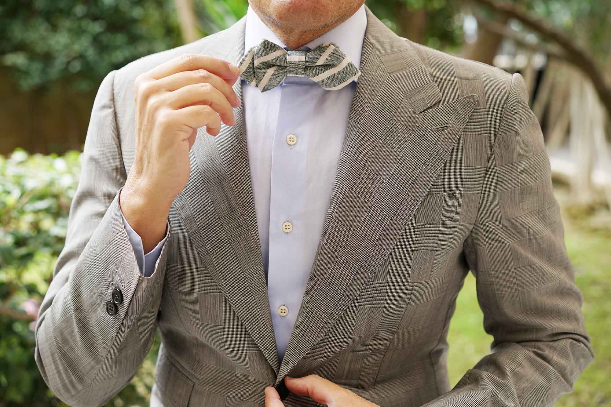 Konya Chalk Stripe Green Linen Diamond Bow Tie