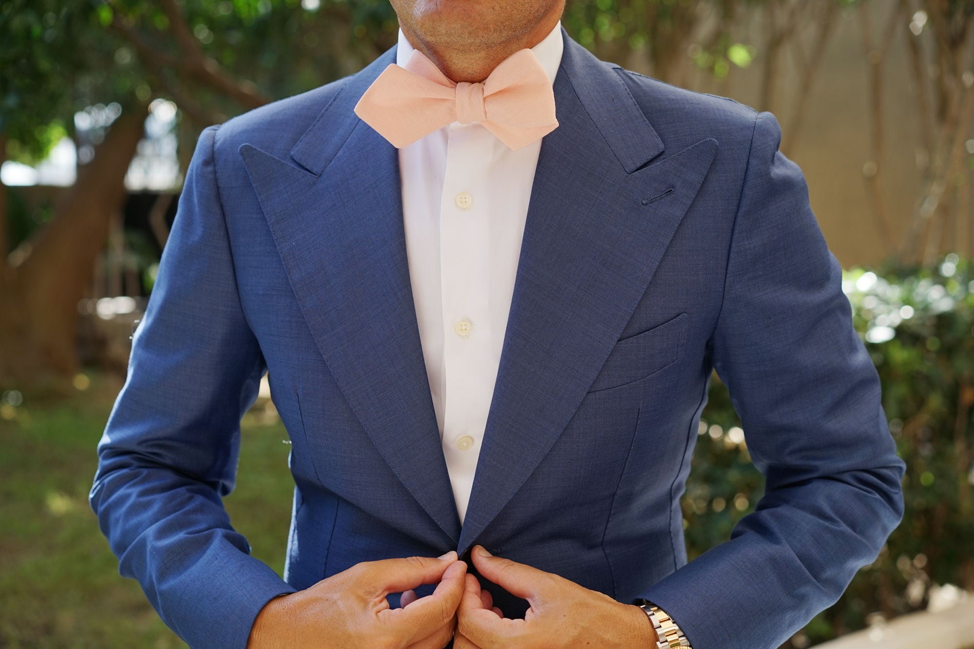 Dusty Peach Slub Linen Self Tie Diamond Tip Bow Tie