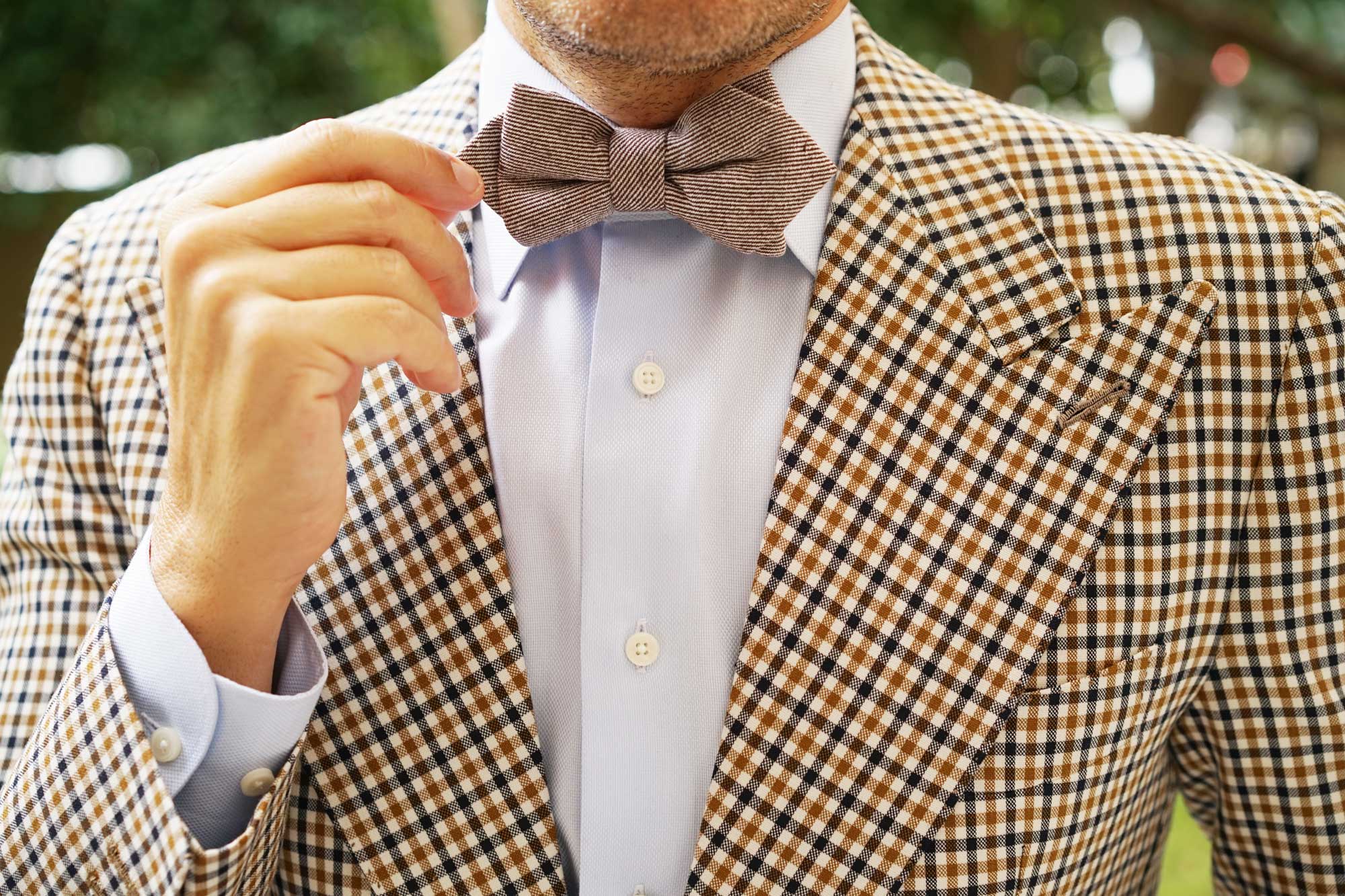 Brown & White Twill Stripe Linen Diamond Bow Tie