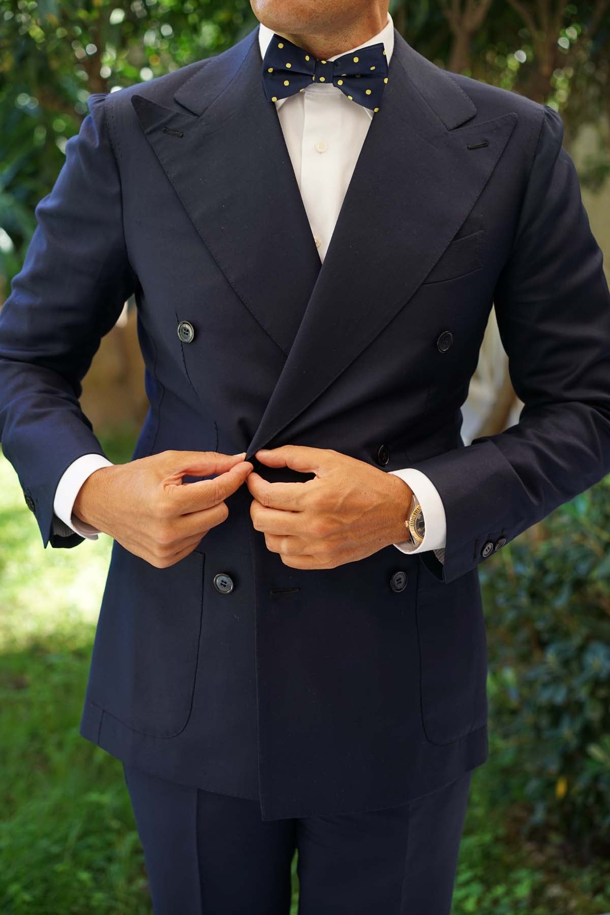 Navy on Large Yellow Dots Bow Tie