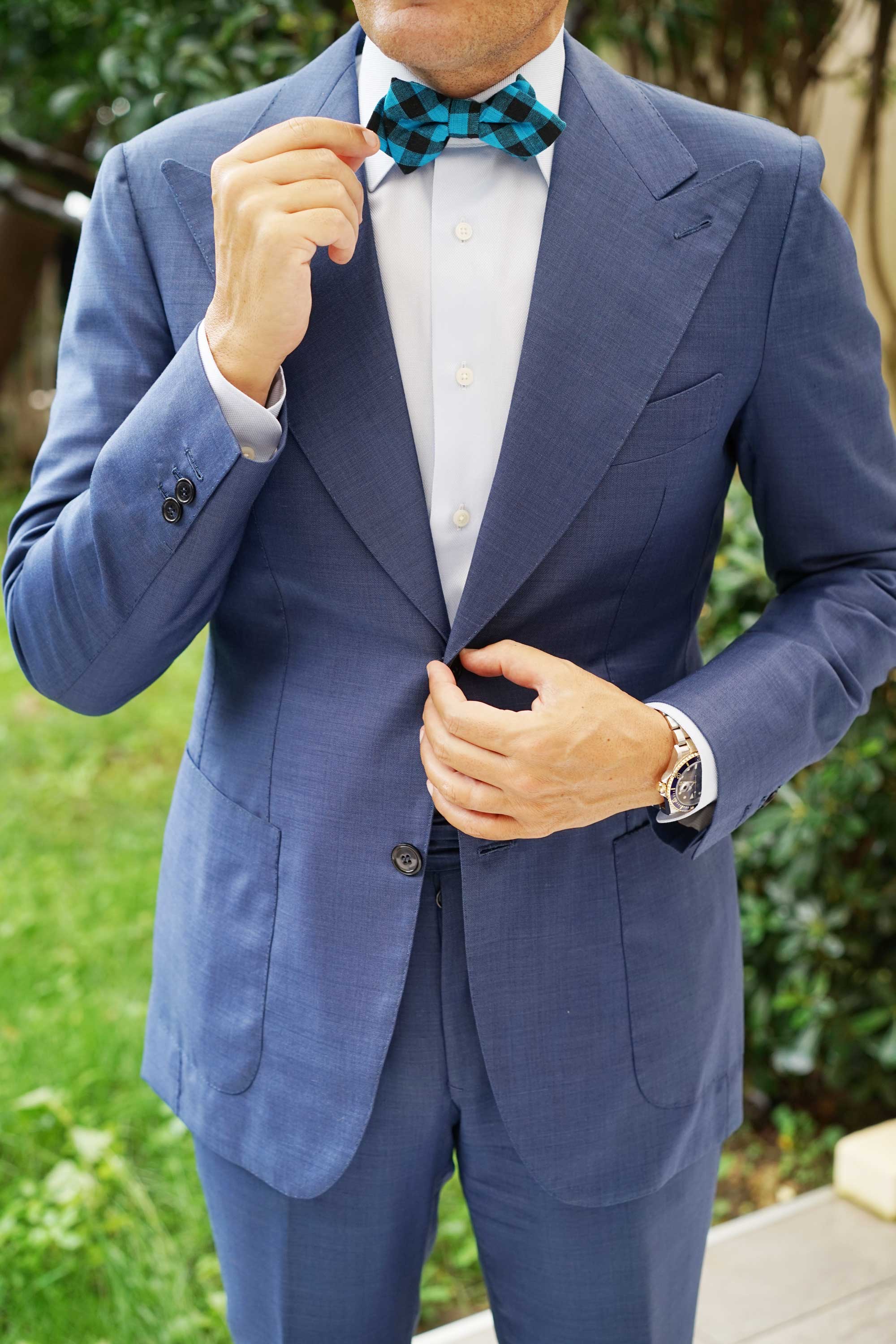 Grim Blue Gingham Diamond Bow Tie