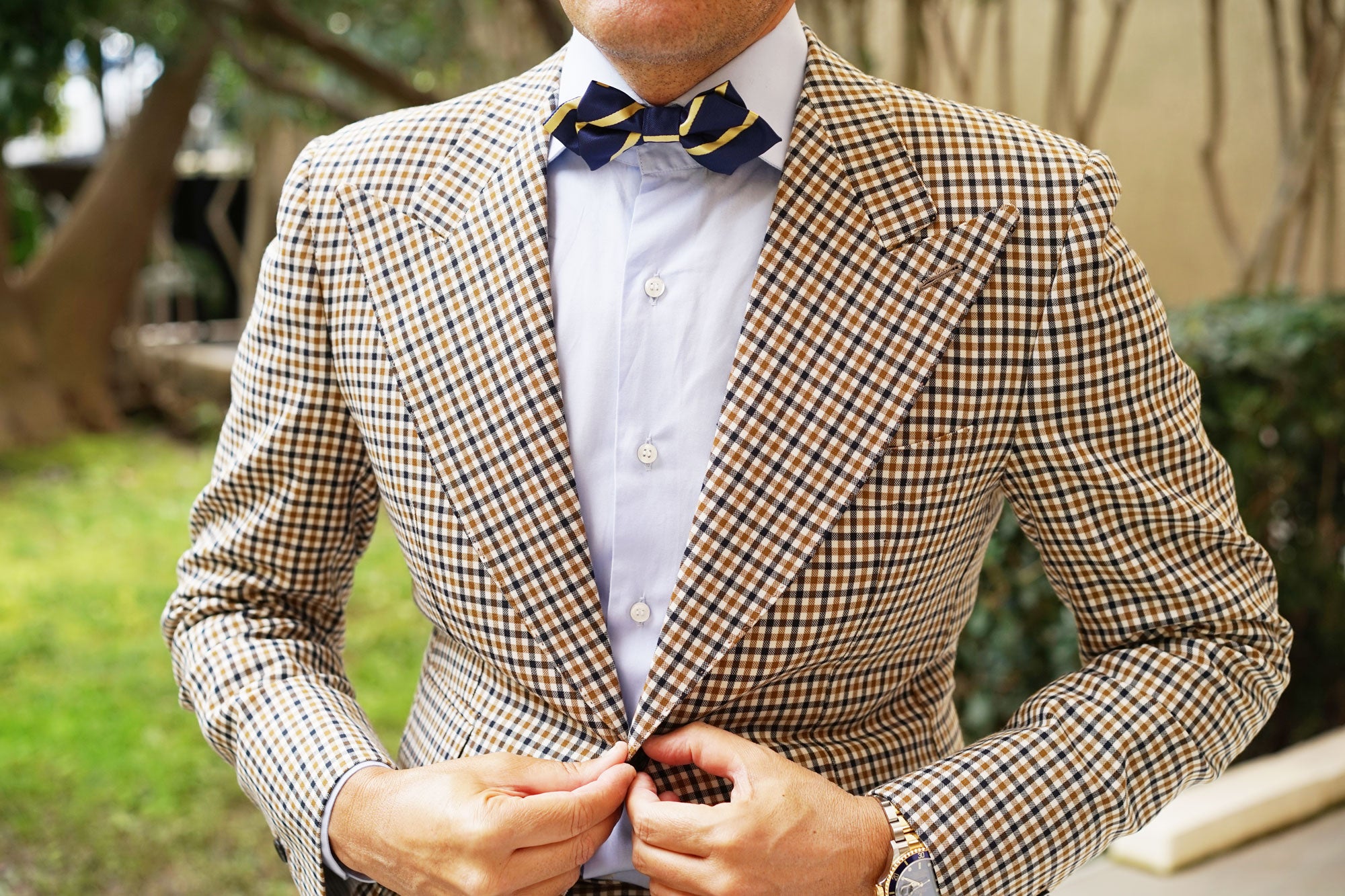 Navy Blue with Yellow Stripe Diamond Bow Tie