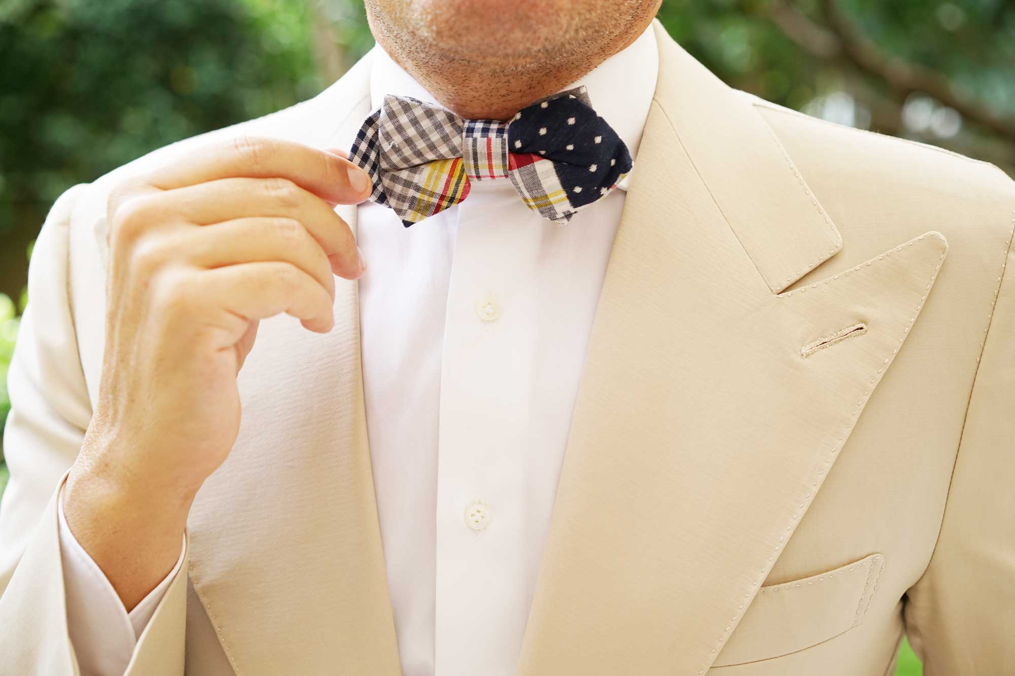 Plaid Grey Gingham Cotton Polka Dot Diamond Bow Tie