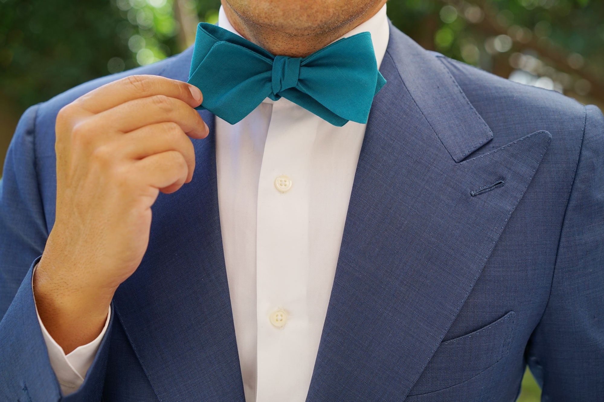 Teal Slub Linen Self Tie Diamond Tip Bow Tie