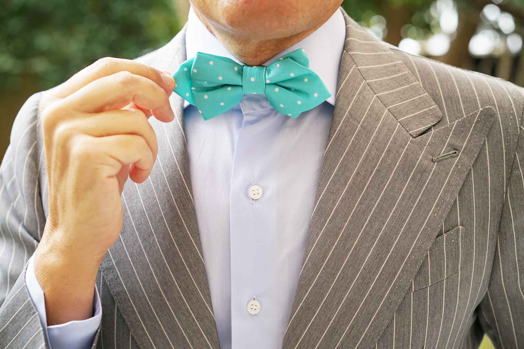 Seafoam Green with White Polka Dots Diamond Bow Tie