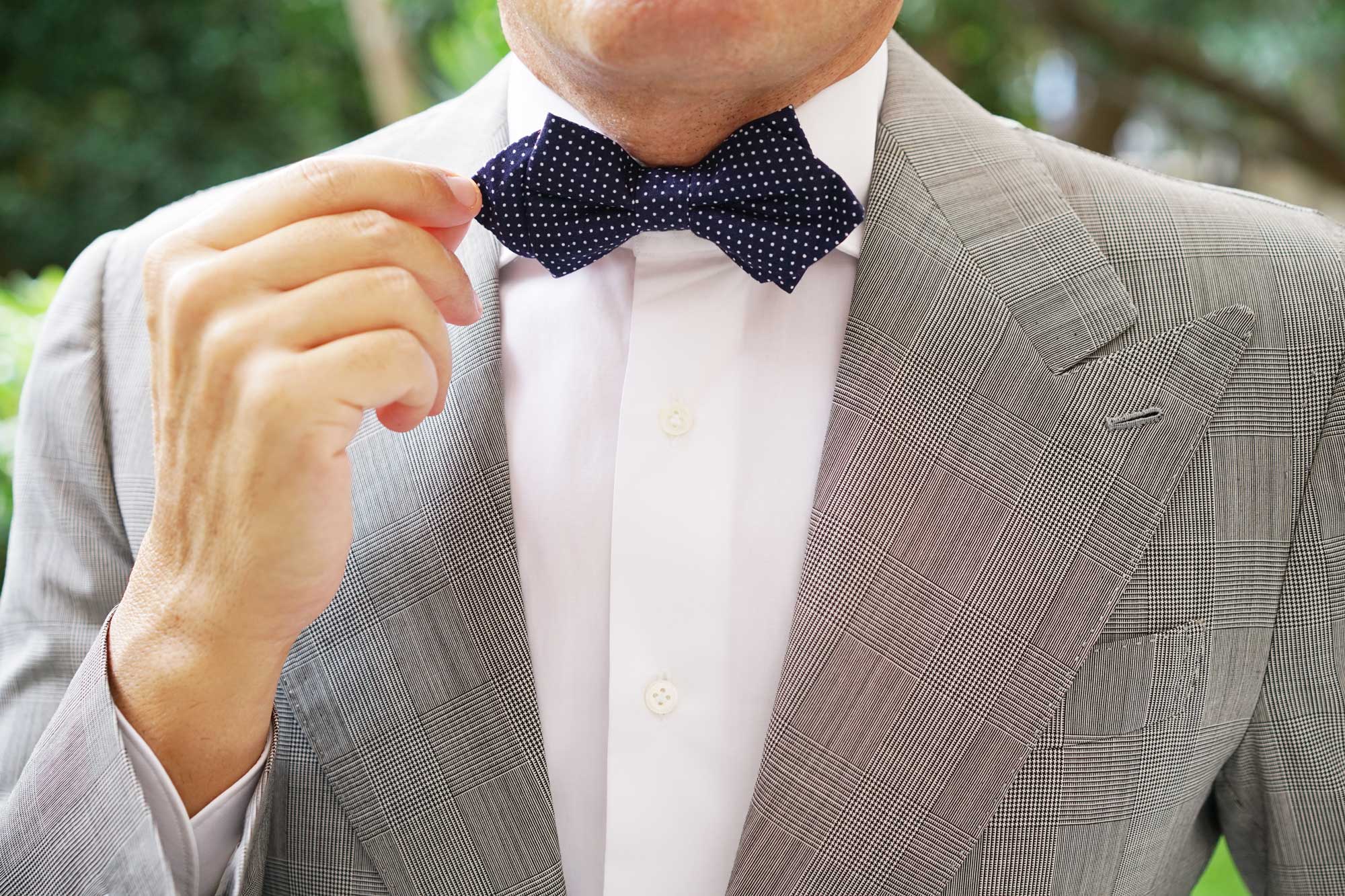 Navy Blue Cotton with White Mini Polka Dots Diamond Bow Tie