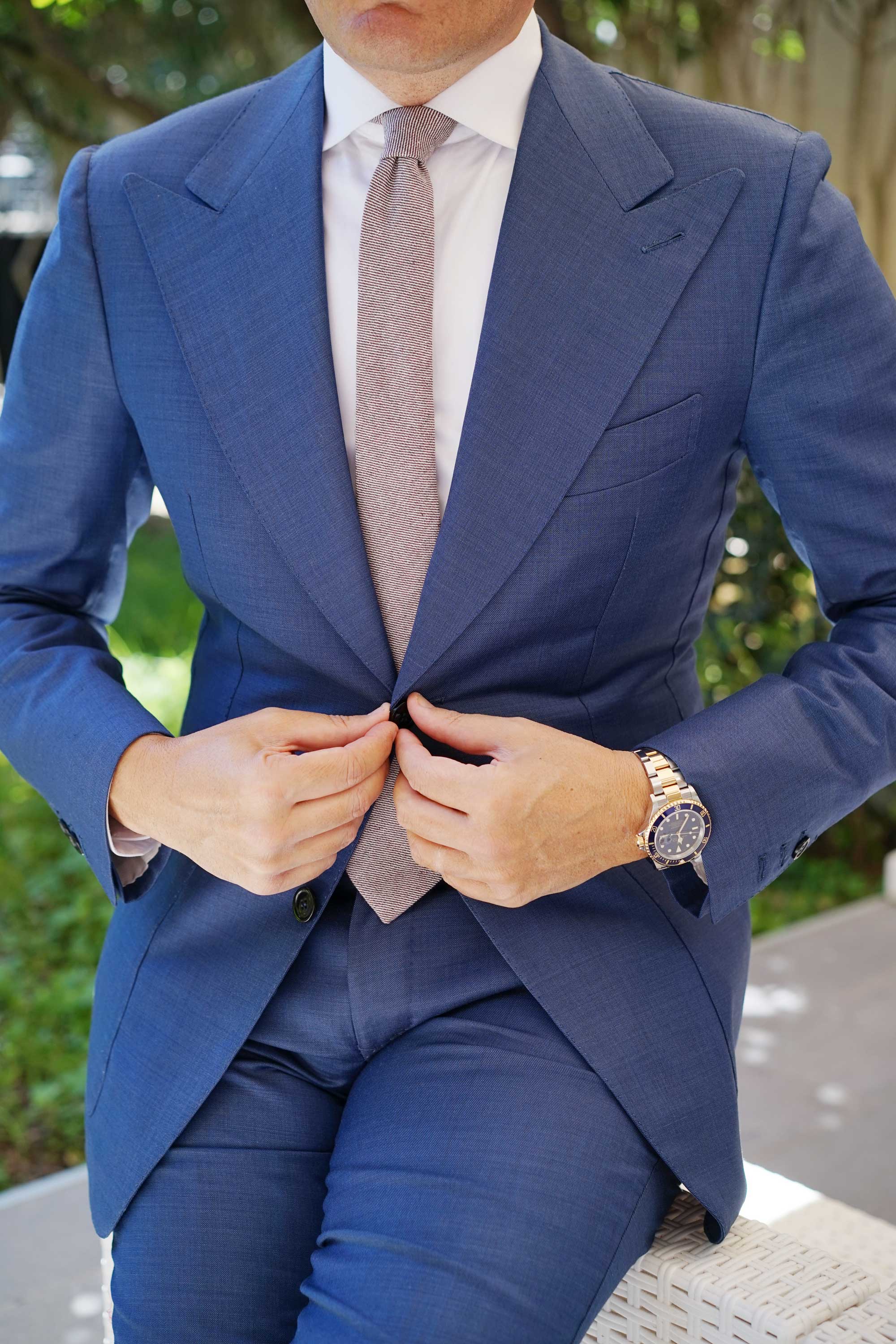 Brown & White Twill Stripe Linen Skinny Tie