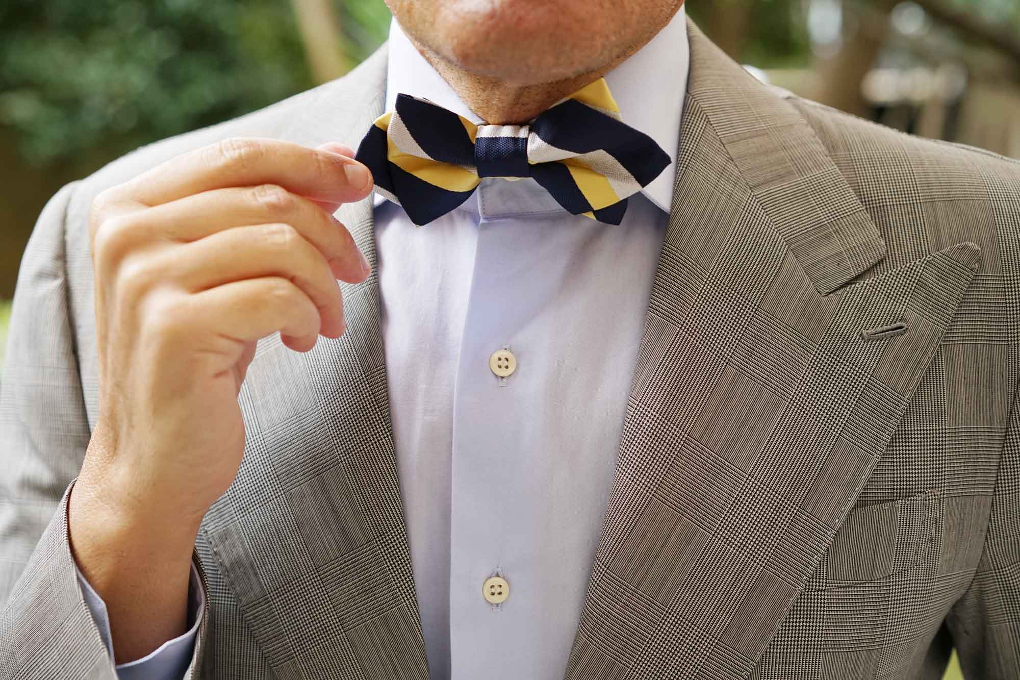 Navy Blue & Yellow Stripe Diamond Bow Tie