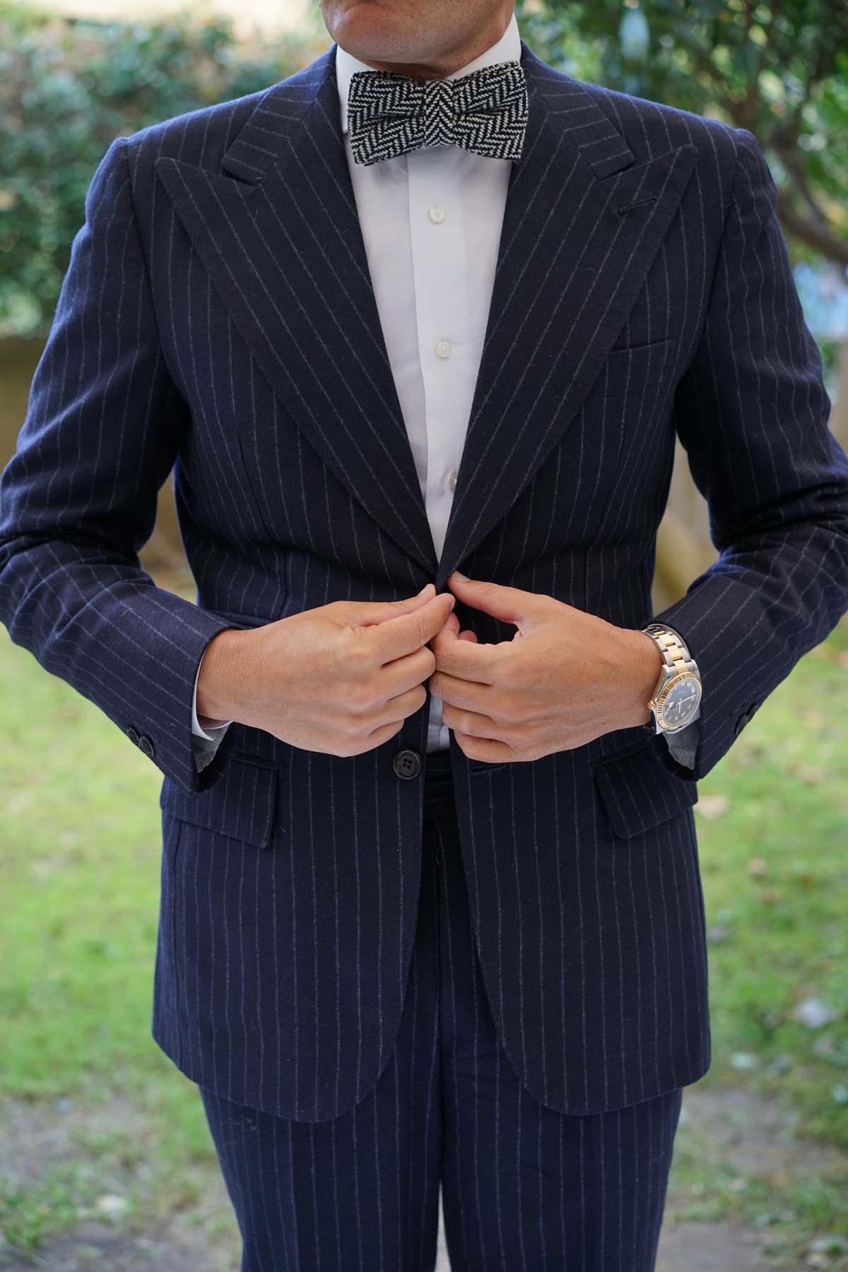 Black Chevron Wool Bow Tie